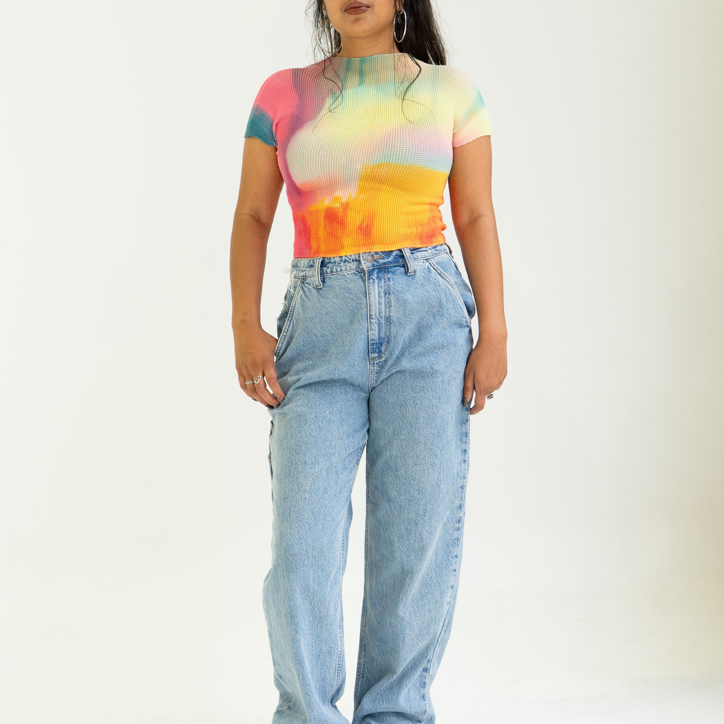 'Rainbow' crinkle stretch crop tee - pink