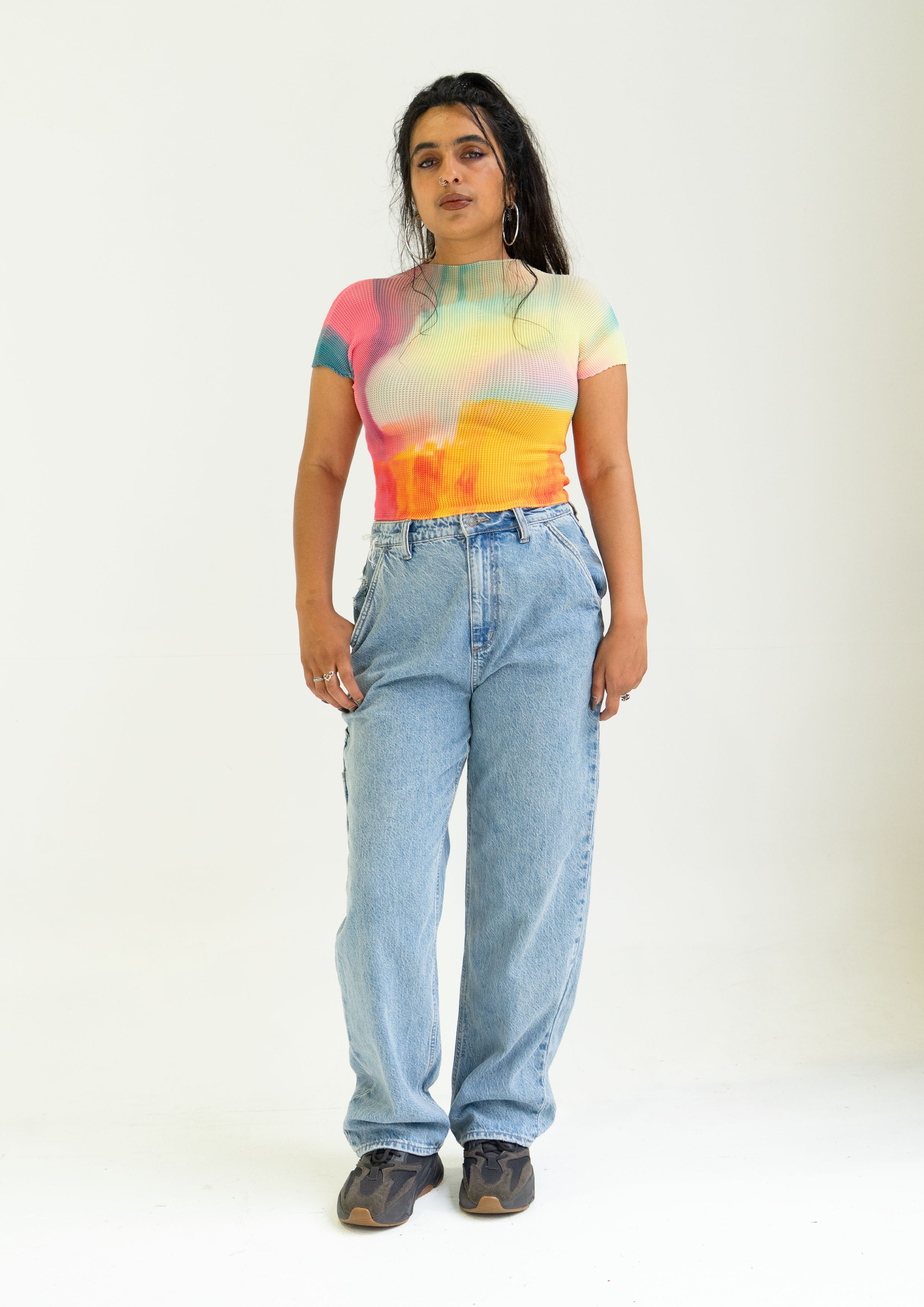 'Rainbow' crinkle stretch crop tee - pink