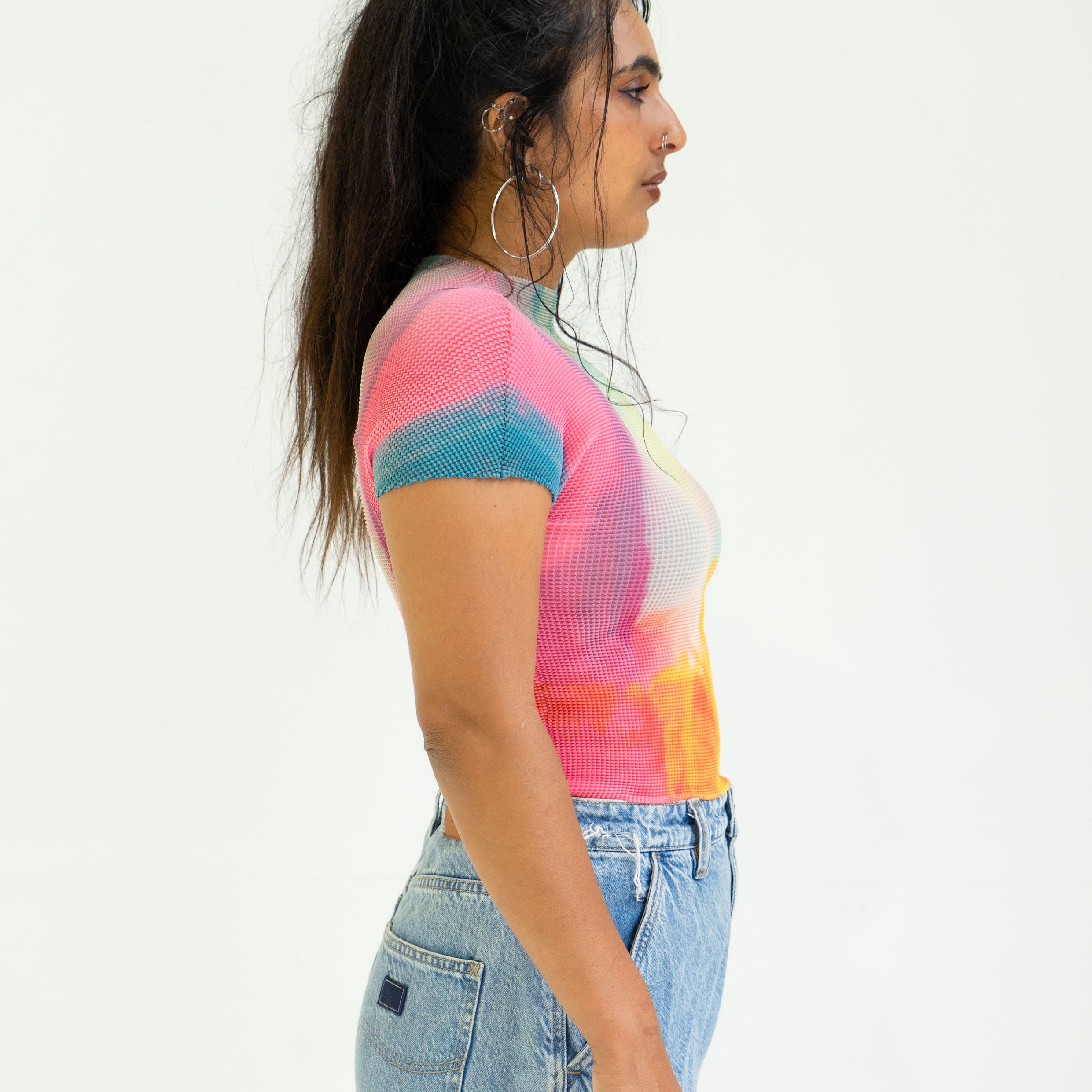 'Rainbow' crinkle stretch crop tee - pink