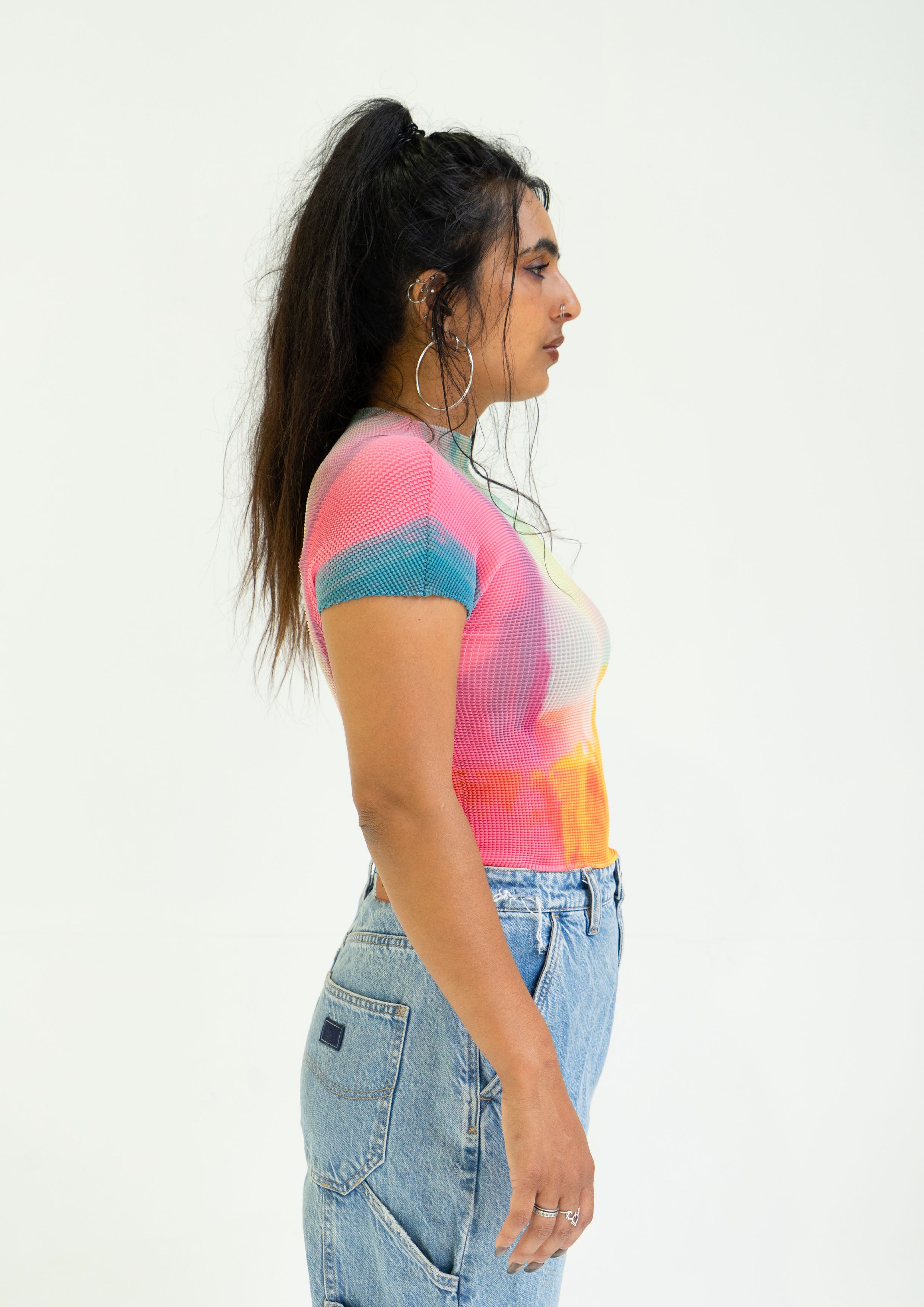'Rainbow' crinkle stretch crop tee - pink