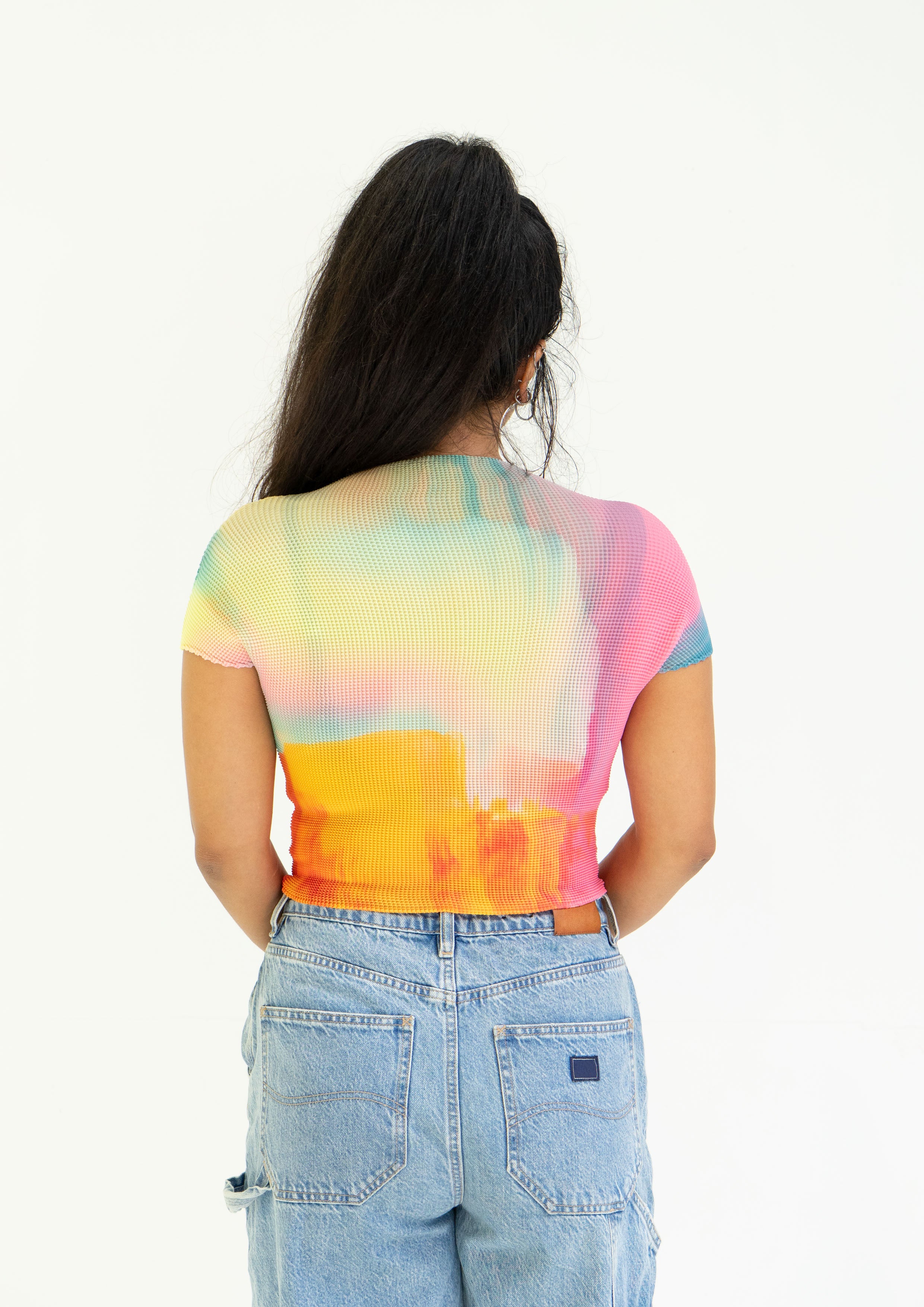 'Rainbow' crinkle stretch crop tee - pink