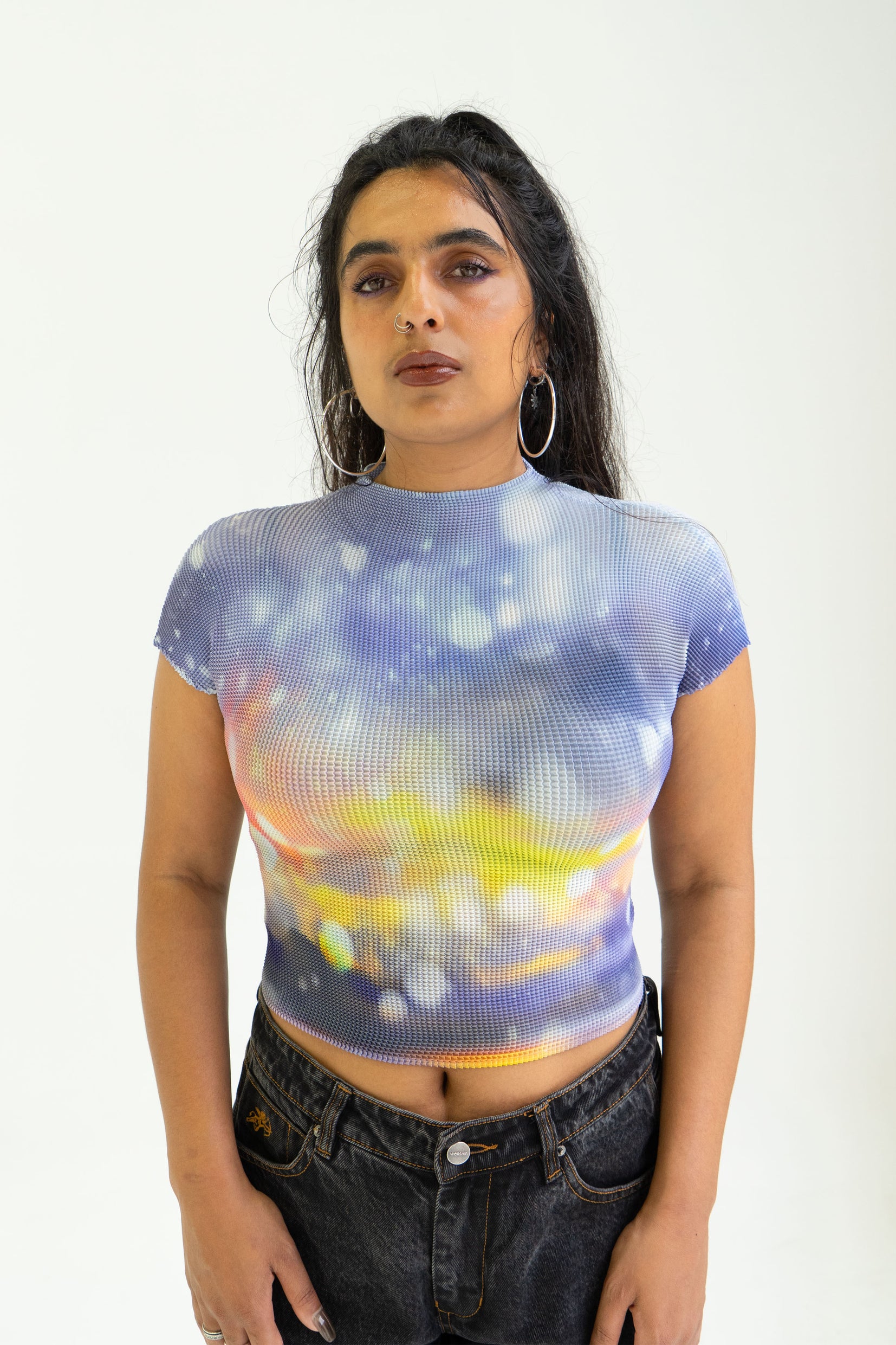 'Snow' crinkle stretch crop tee - purple