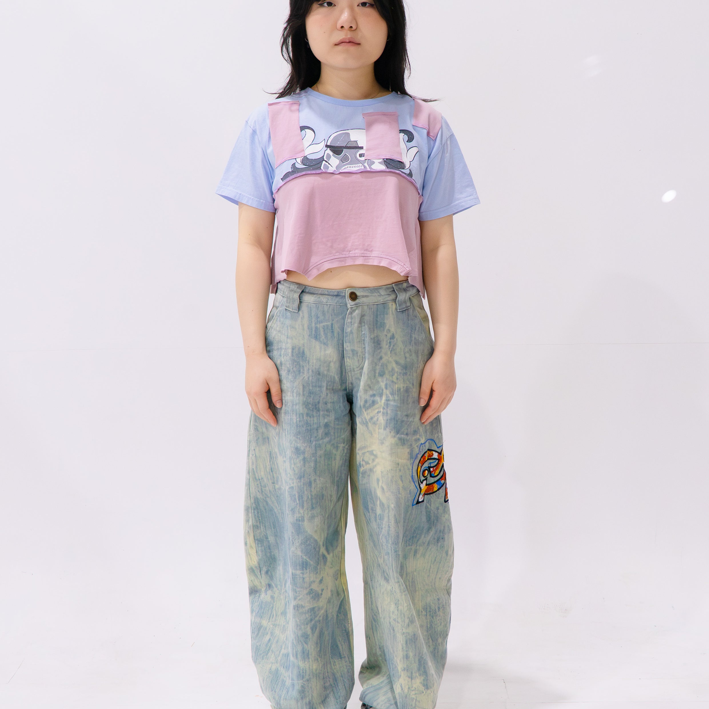 Reimagined upcycled tee - ice blue & dusty pink