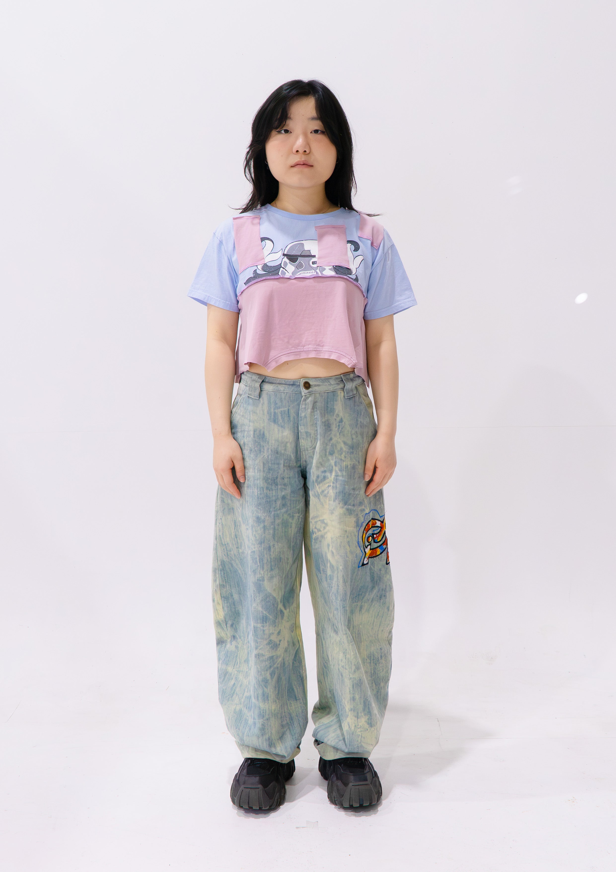 Reimagined upcycled tee - ice blue & dusty pink
