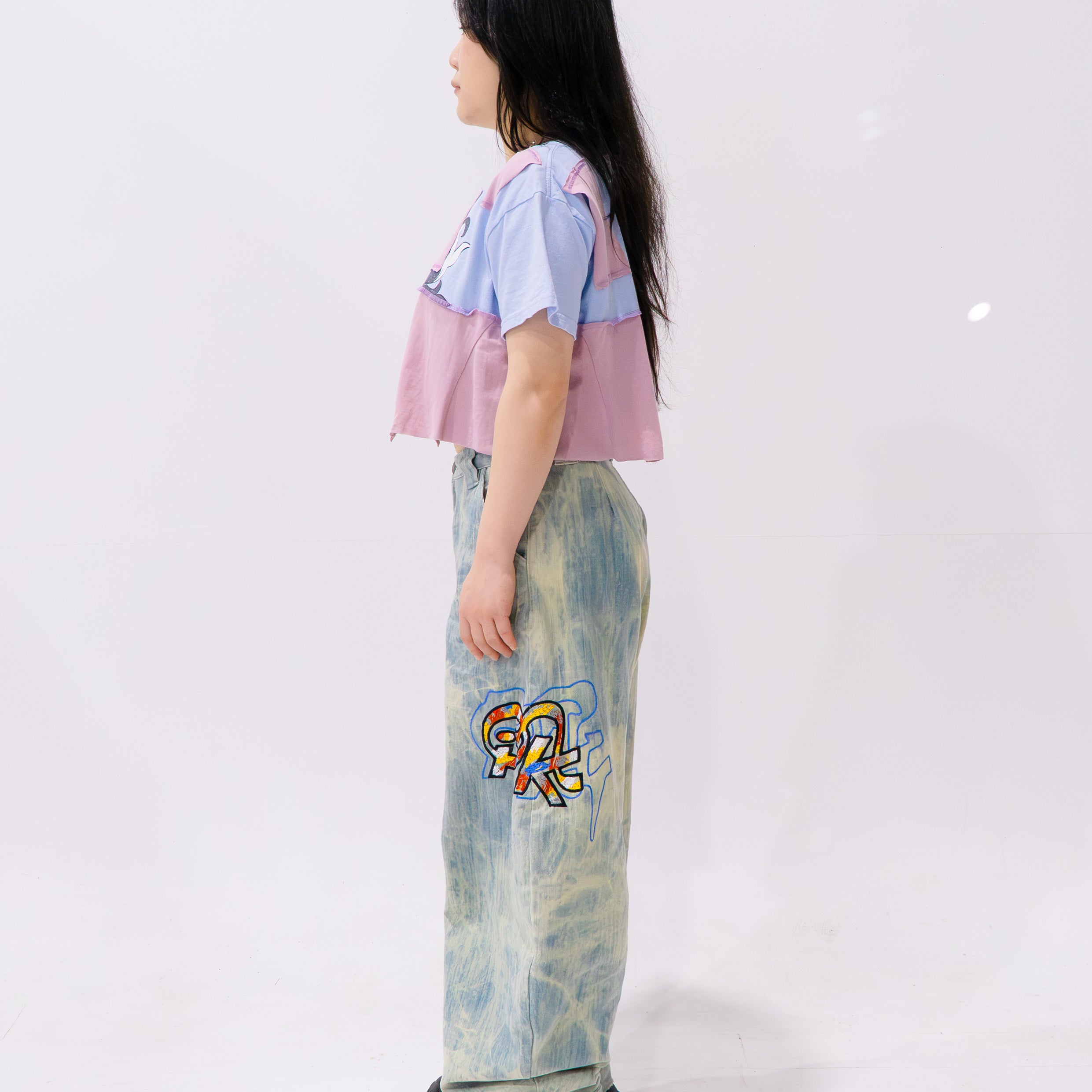 Reimagined upcycled tee - ice blue & dusty pink