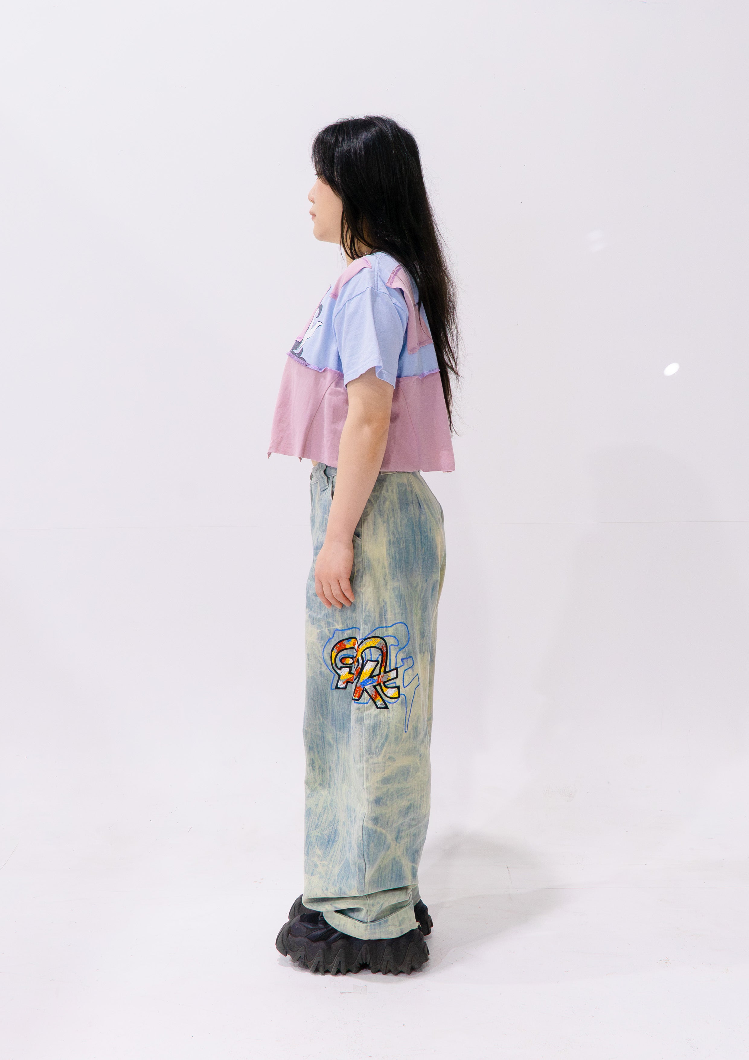 Reimagined upcycled tee - ice blue & dusty pink