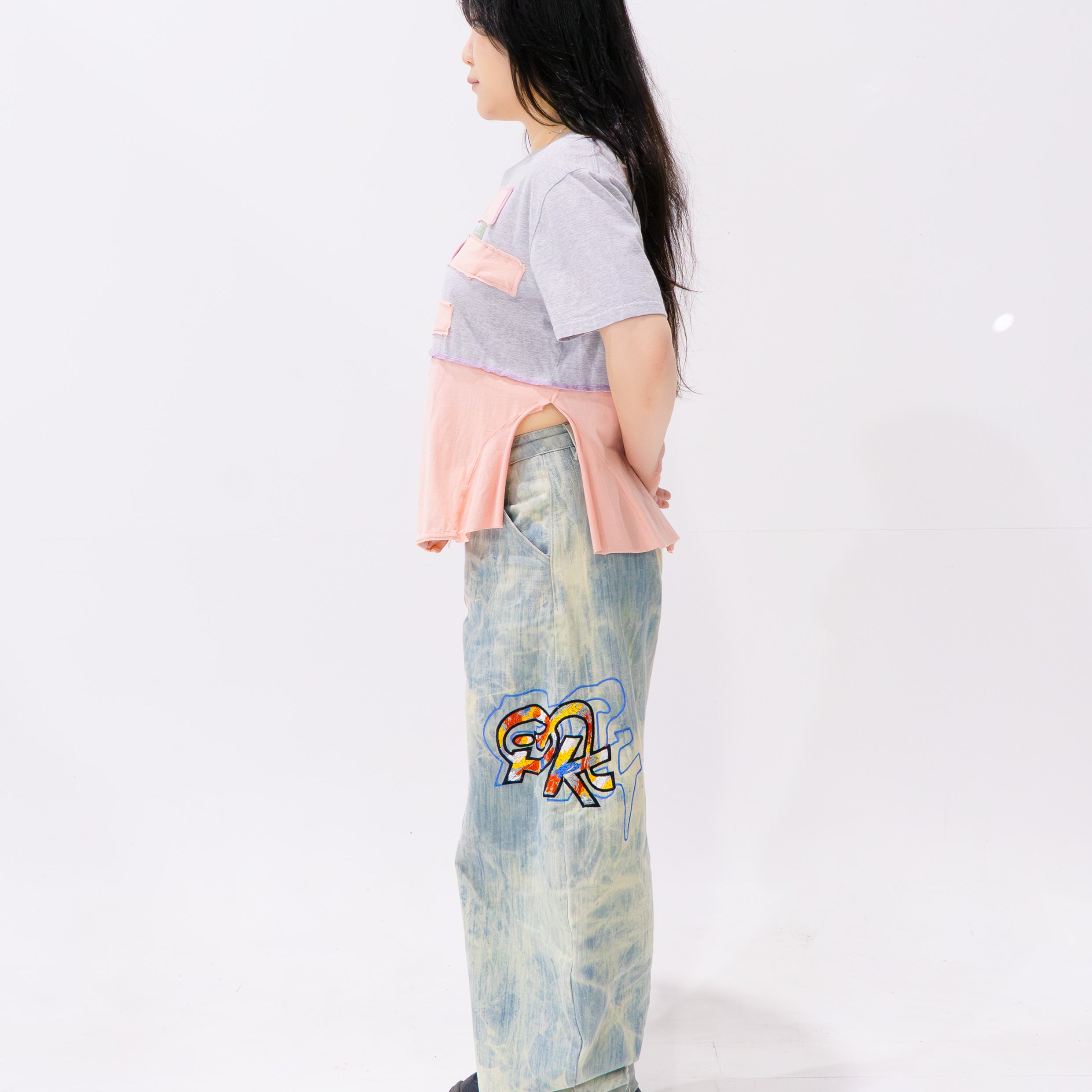 Reimagined upcycled tee - grey & peach