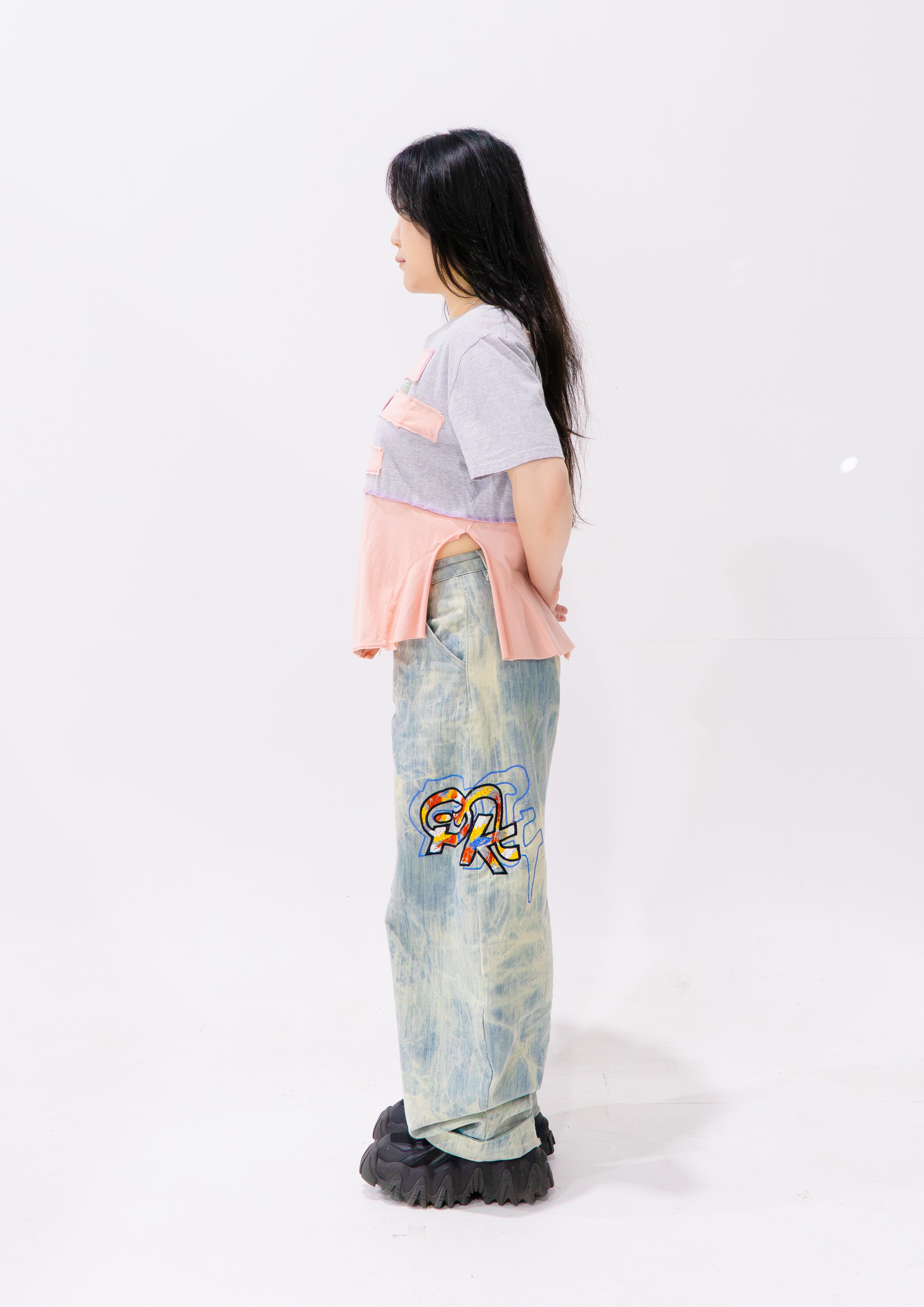 Reimagined upcycled tee - grey & peach