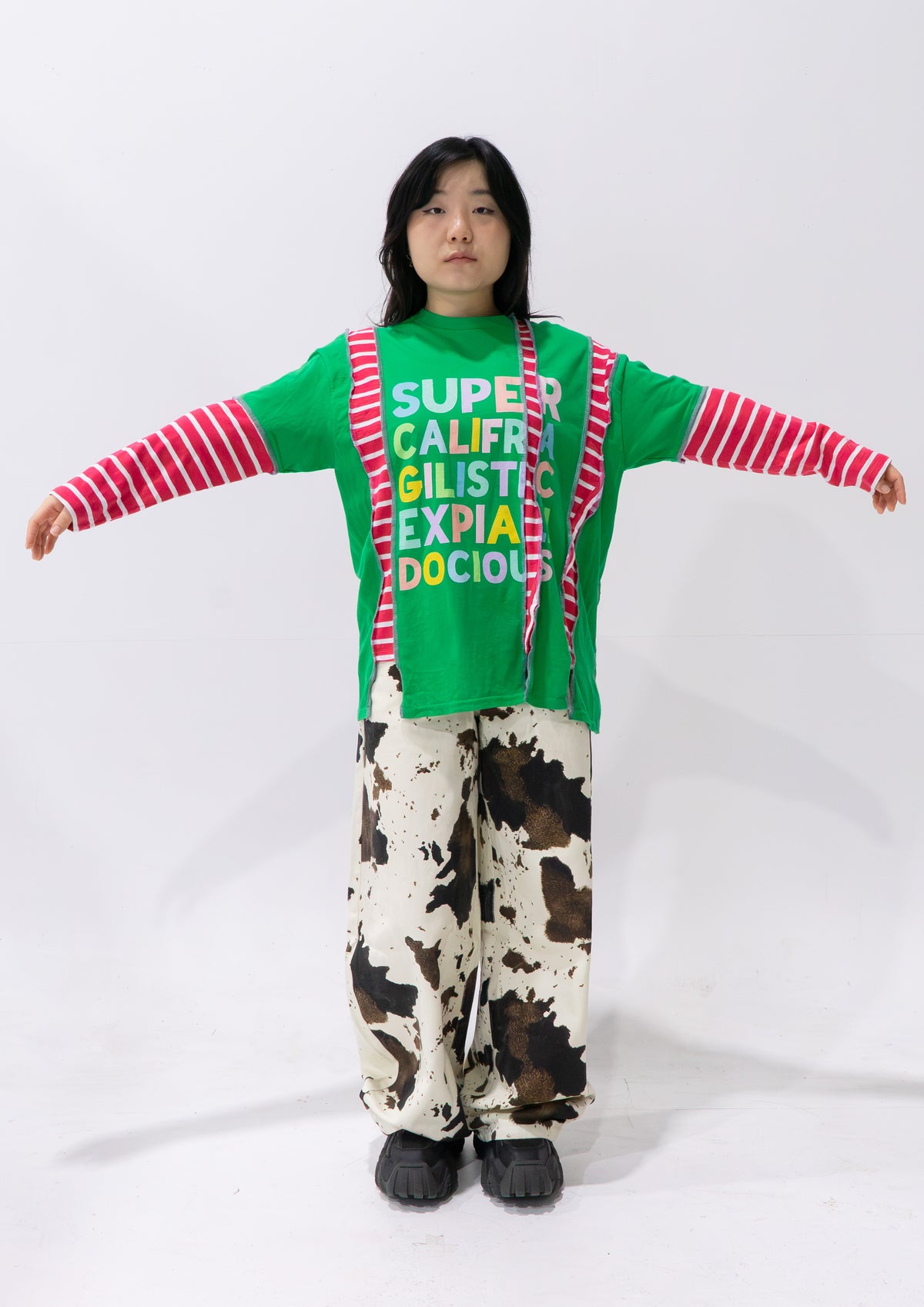 Reimagined upcycled tee - green & striped