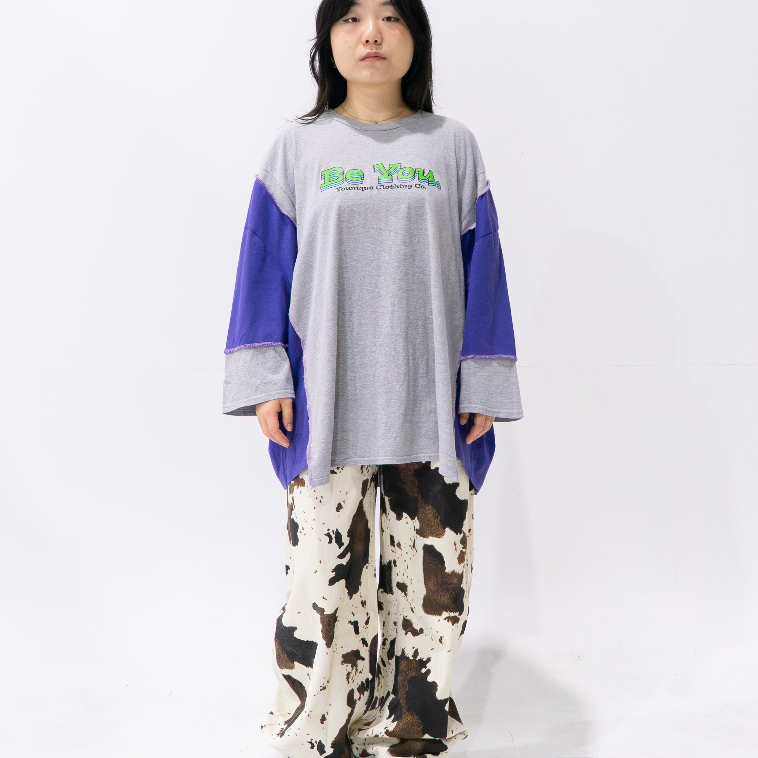 Reimagined upcycled tee - light grey & iris
