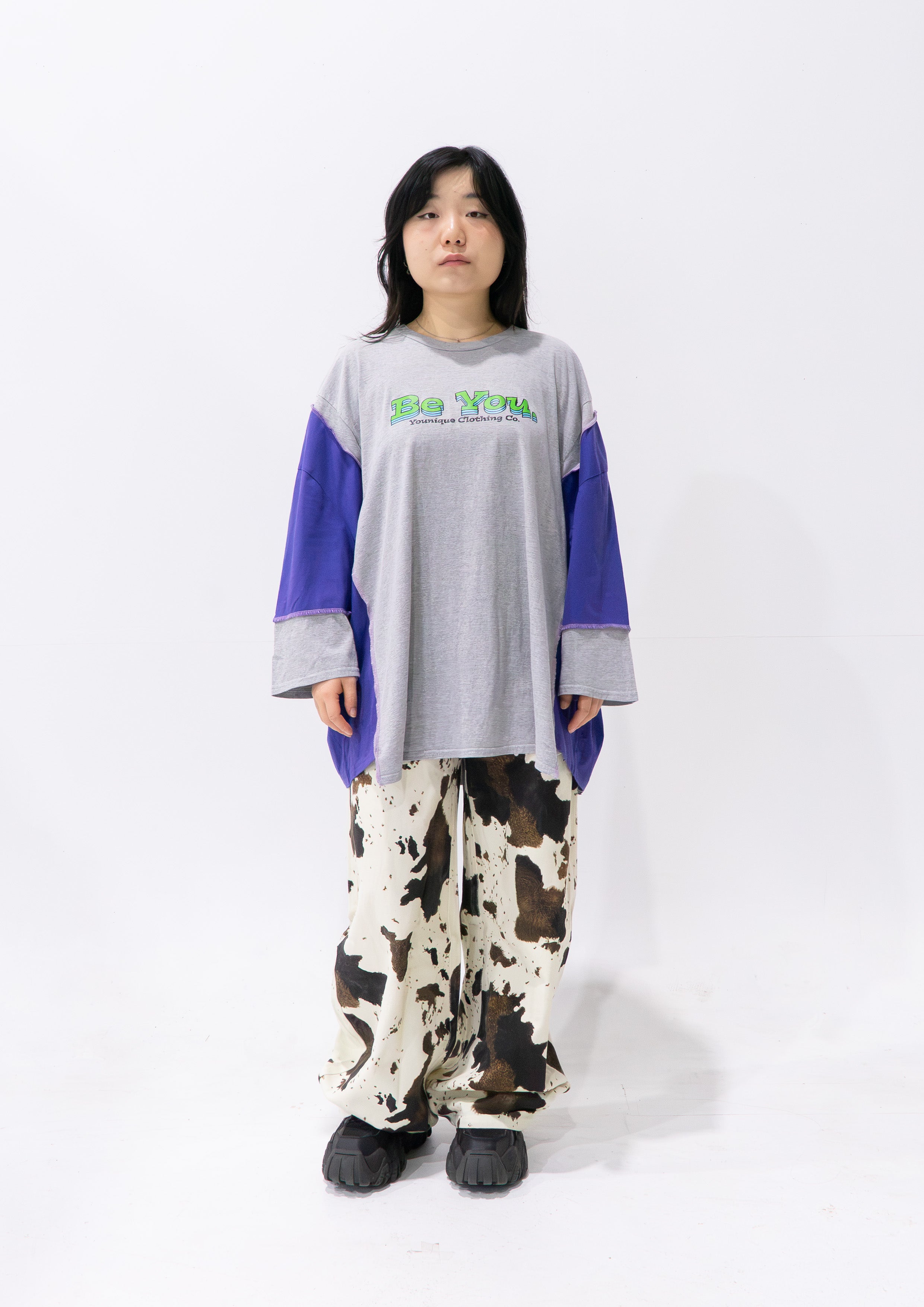 Reimagined upcycled tee - light grey & iris