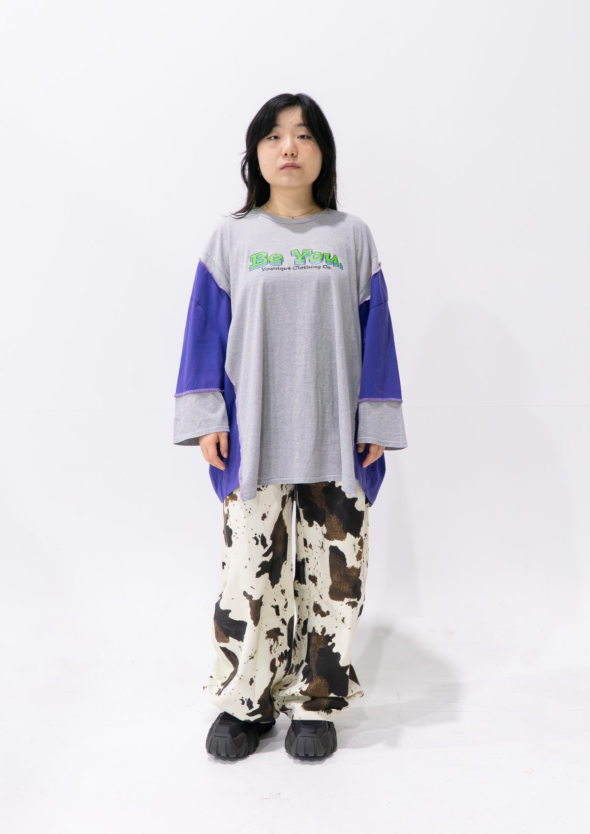 Reimagined upcycled tee - light grey & iris