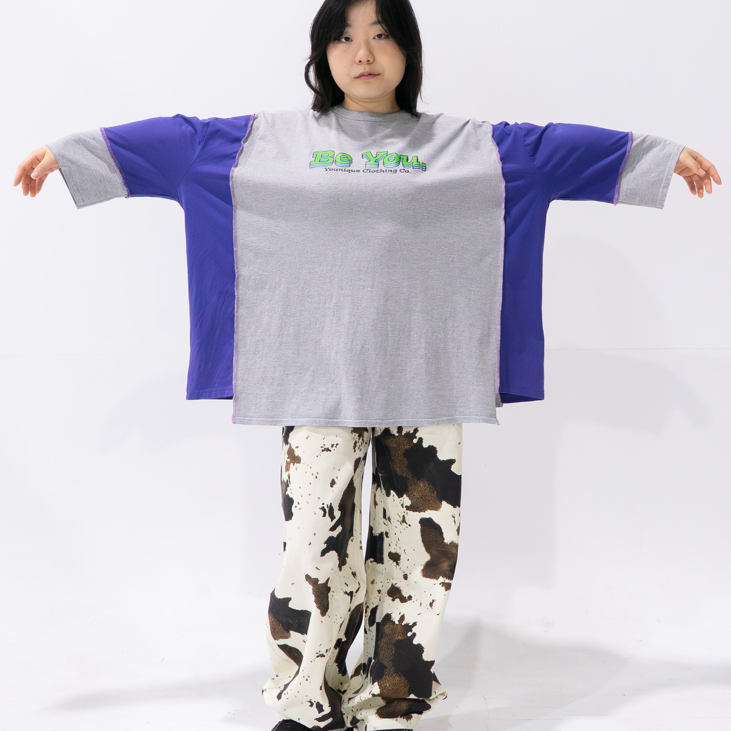 Reimagined upcycled tee - light grey & iris