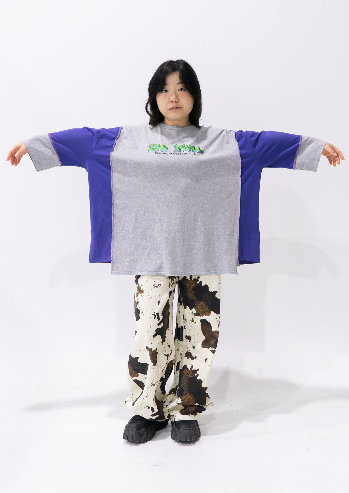 Reimagined upcycled tee - light grey & iris