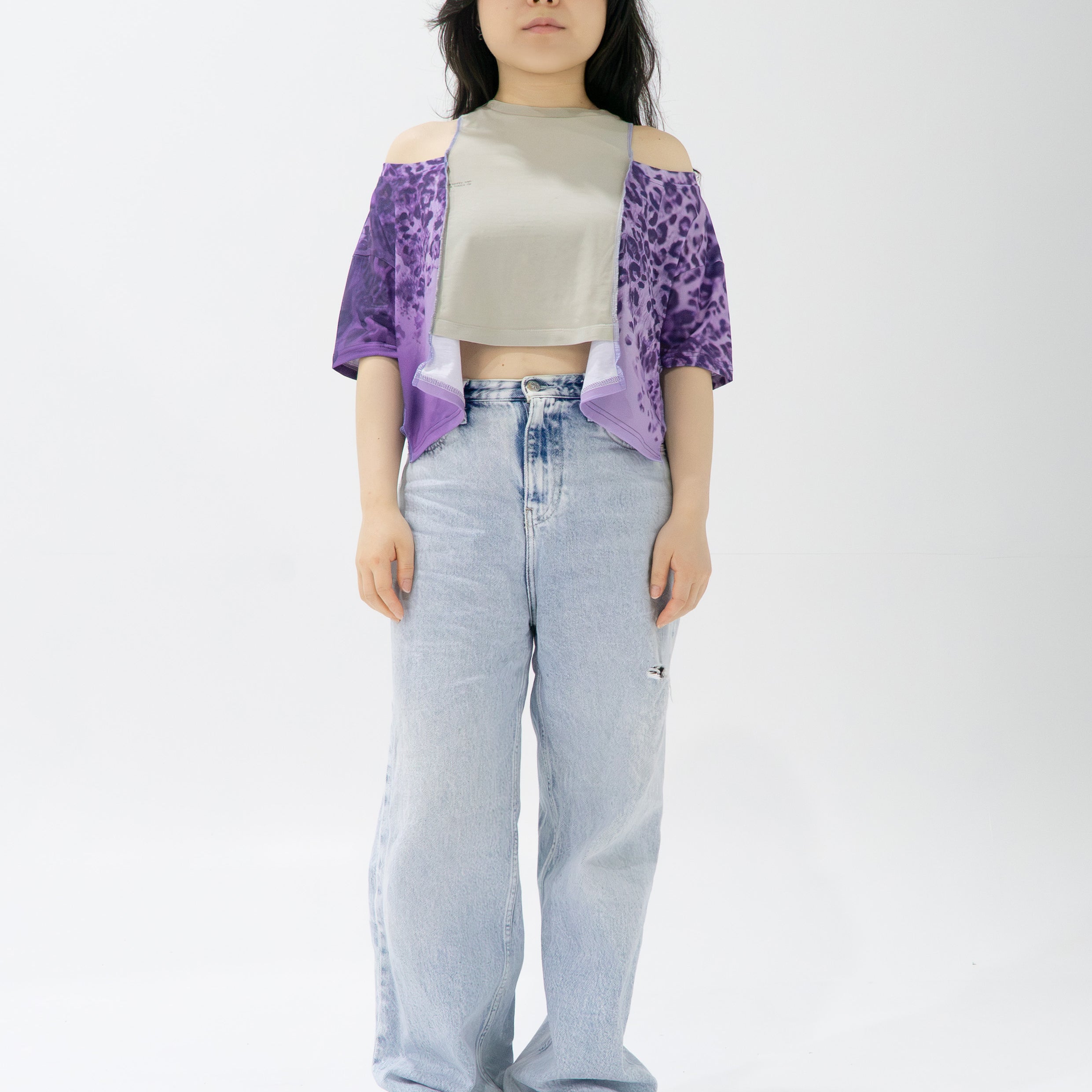 Reimagined upcycled crop top - purple & light grey