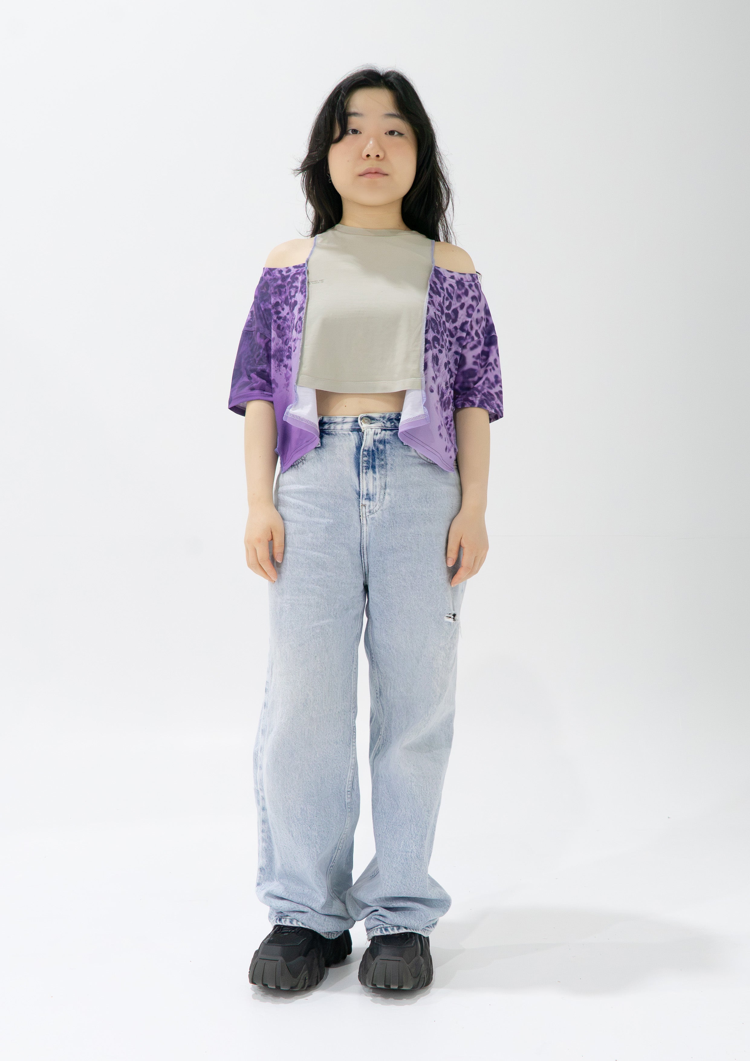 Reimagined upcycled crop top - purple & light grey