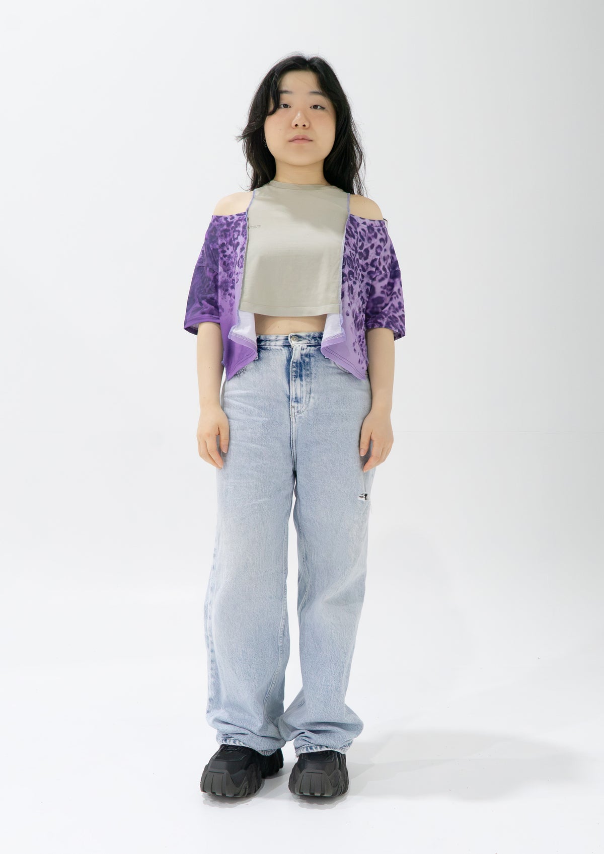 Reimagined upcycled crop top - purple & light grey