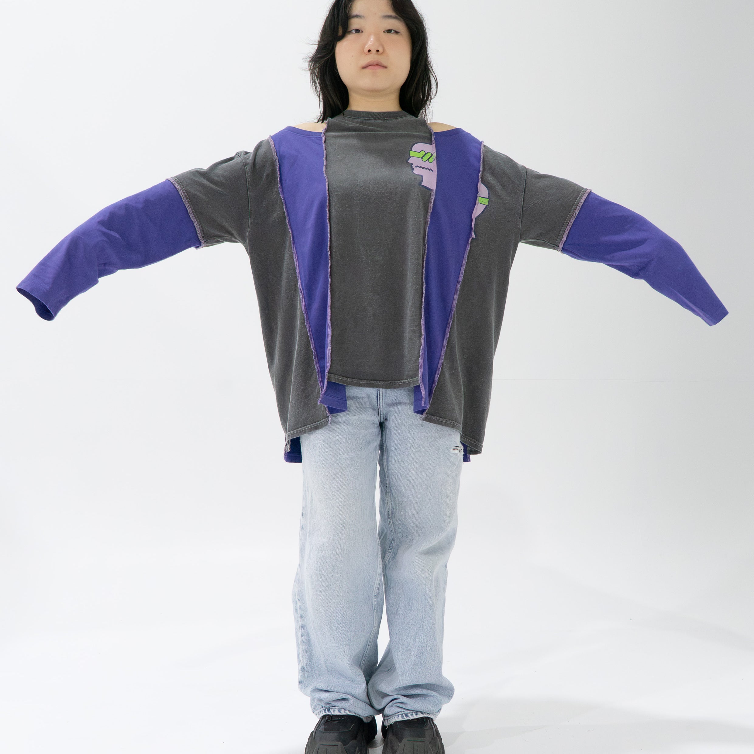 Reimagined upcycled top - grey & indigo