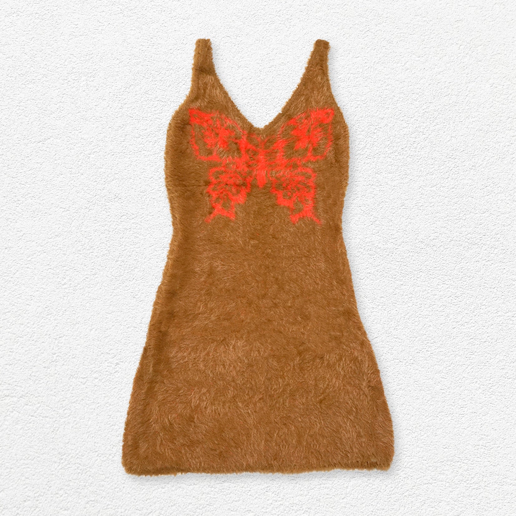 Butterfly fluffy knit sling mini dress - bronze