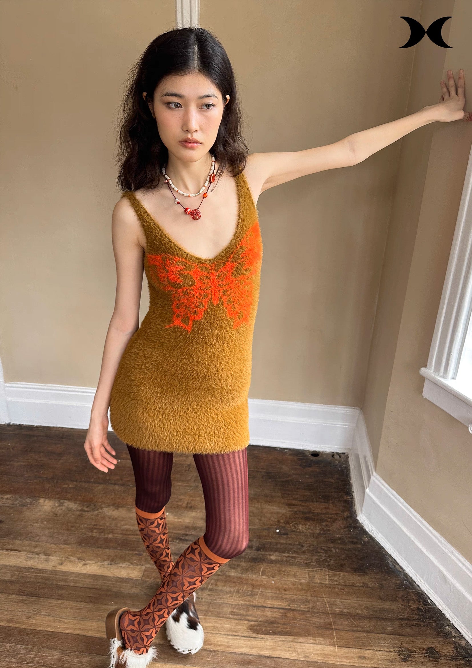 Butterfly fluffy knit sling mini dress - bronze
