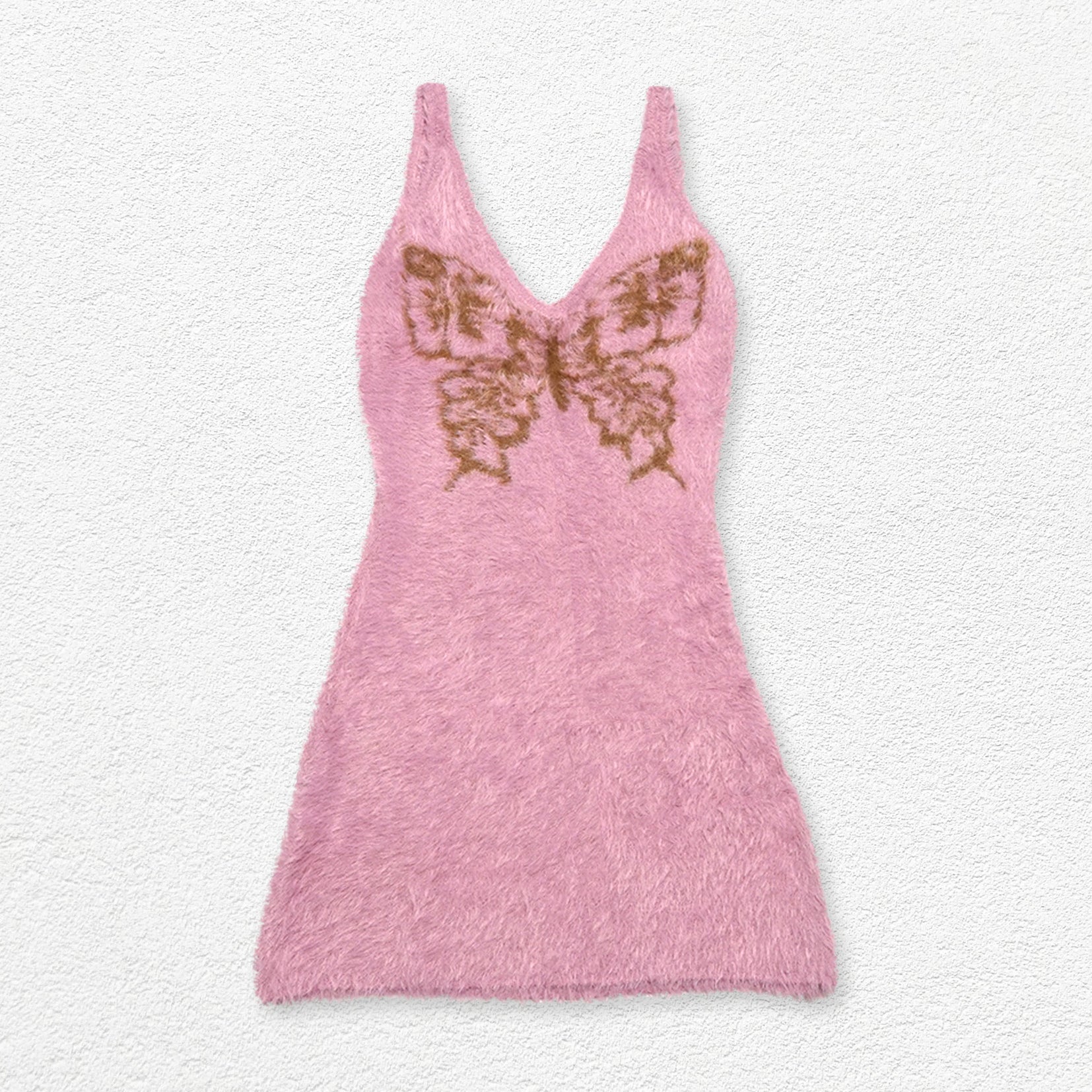 Butterfly fluffy knit sling mini dress - nude pink