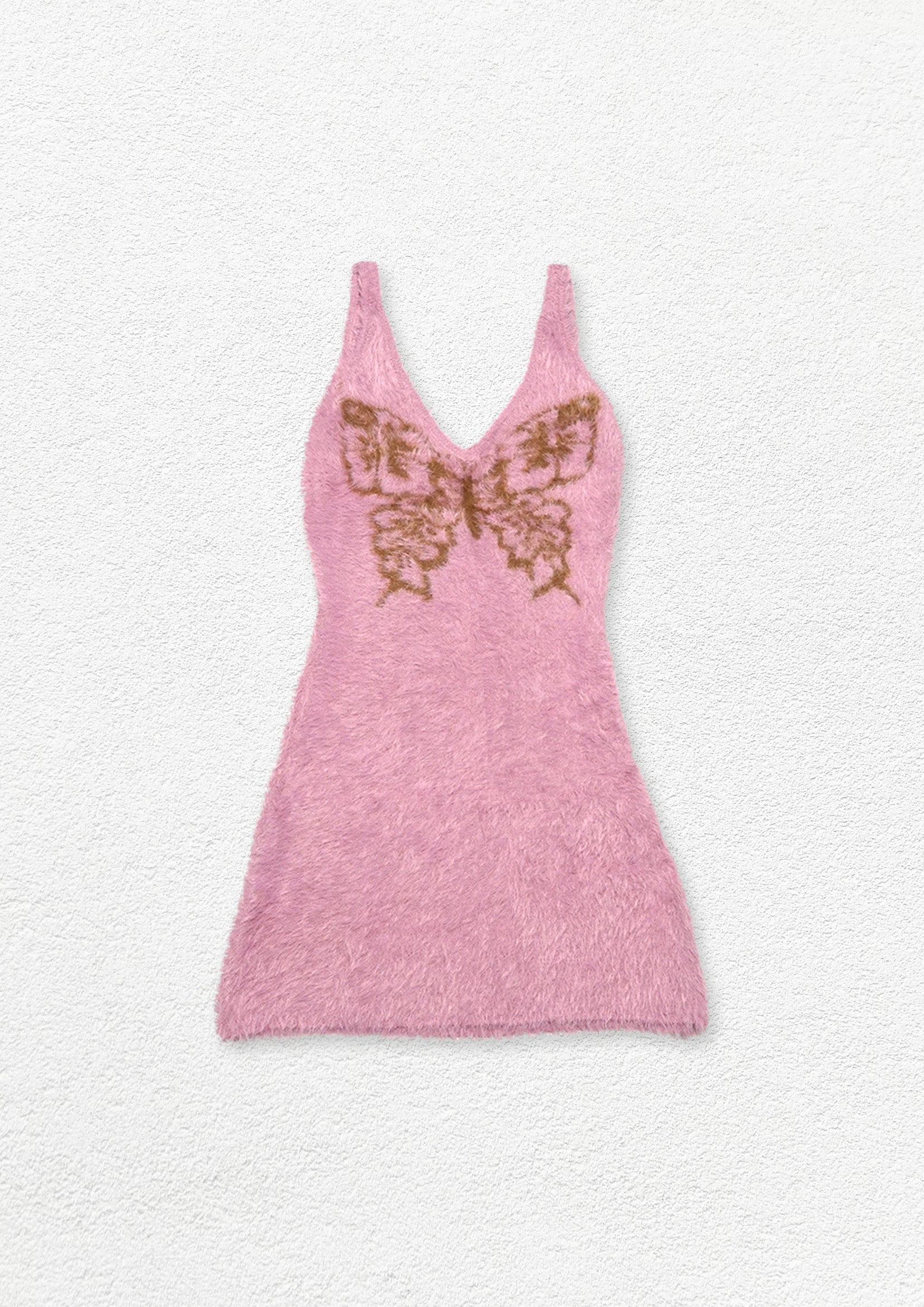 Butterfly fluffy knit sling mini dress - nude pink