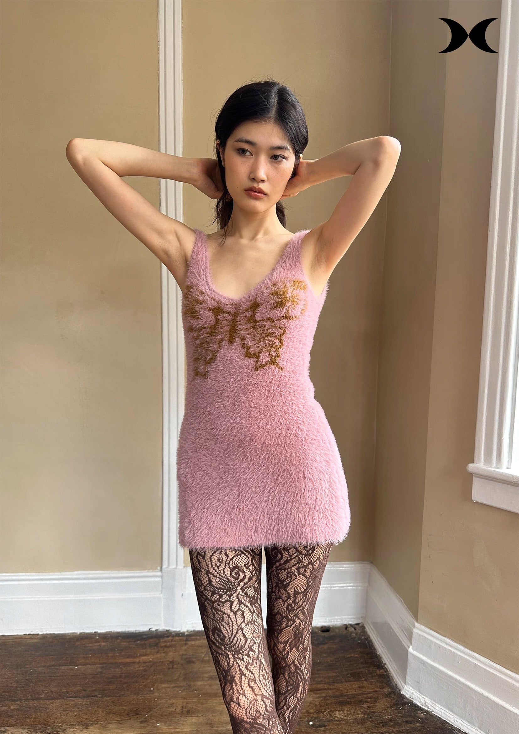 Butterfly fluffy knit sling mini dress - nude pink