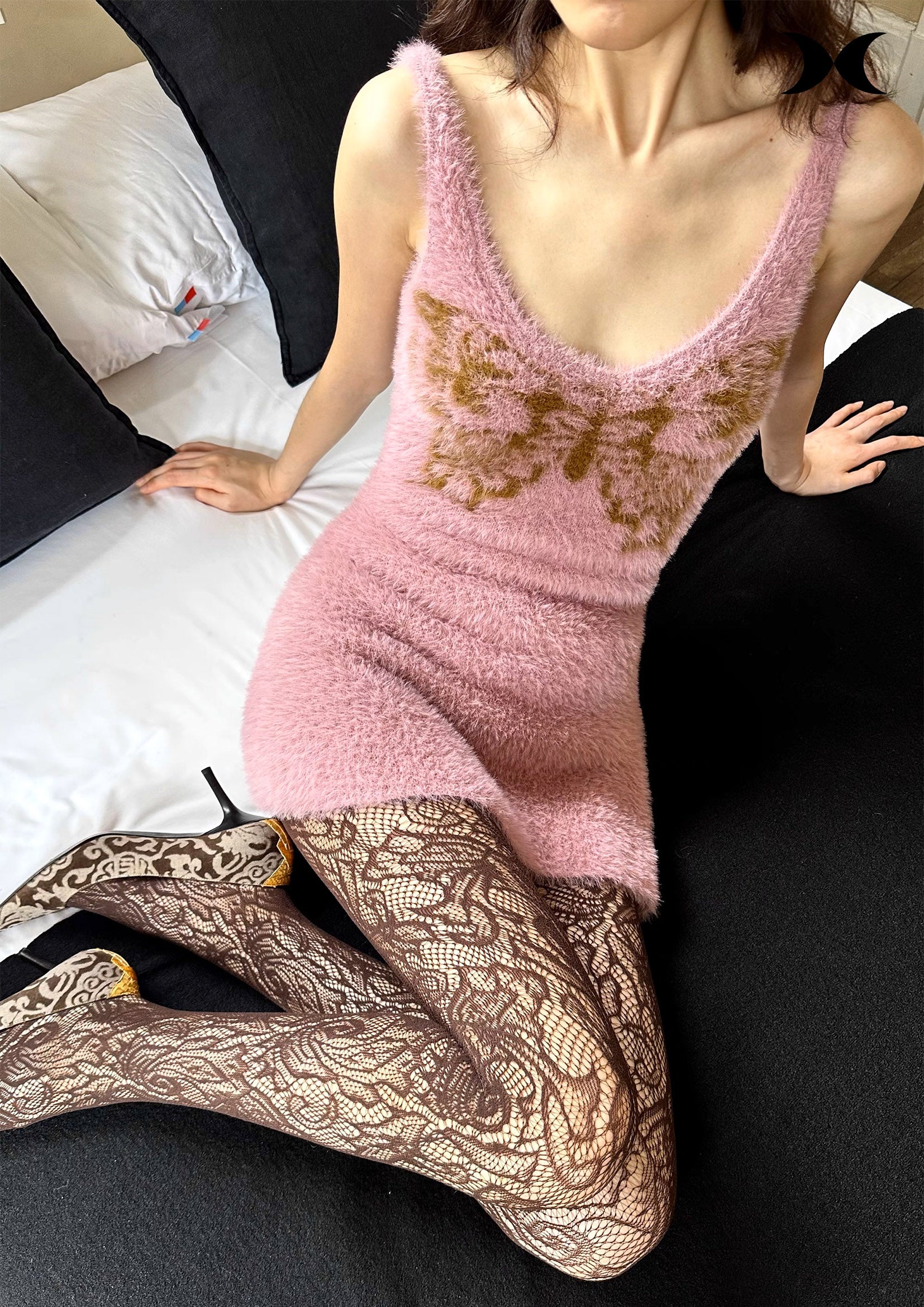 Butterfly fluffy knit sling mini dress - nude pink