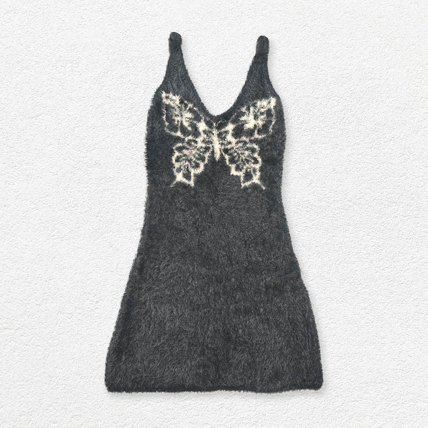 Butterfly fluffy knit sling mini dress - charcoal