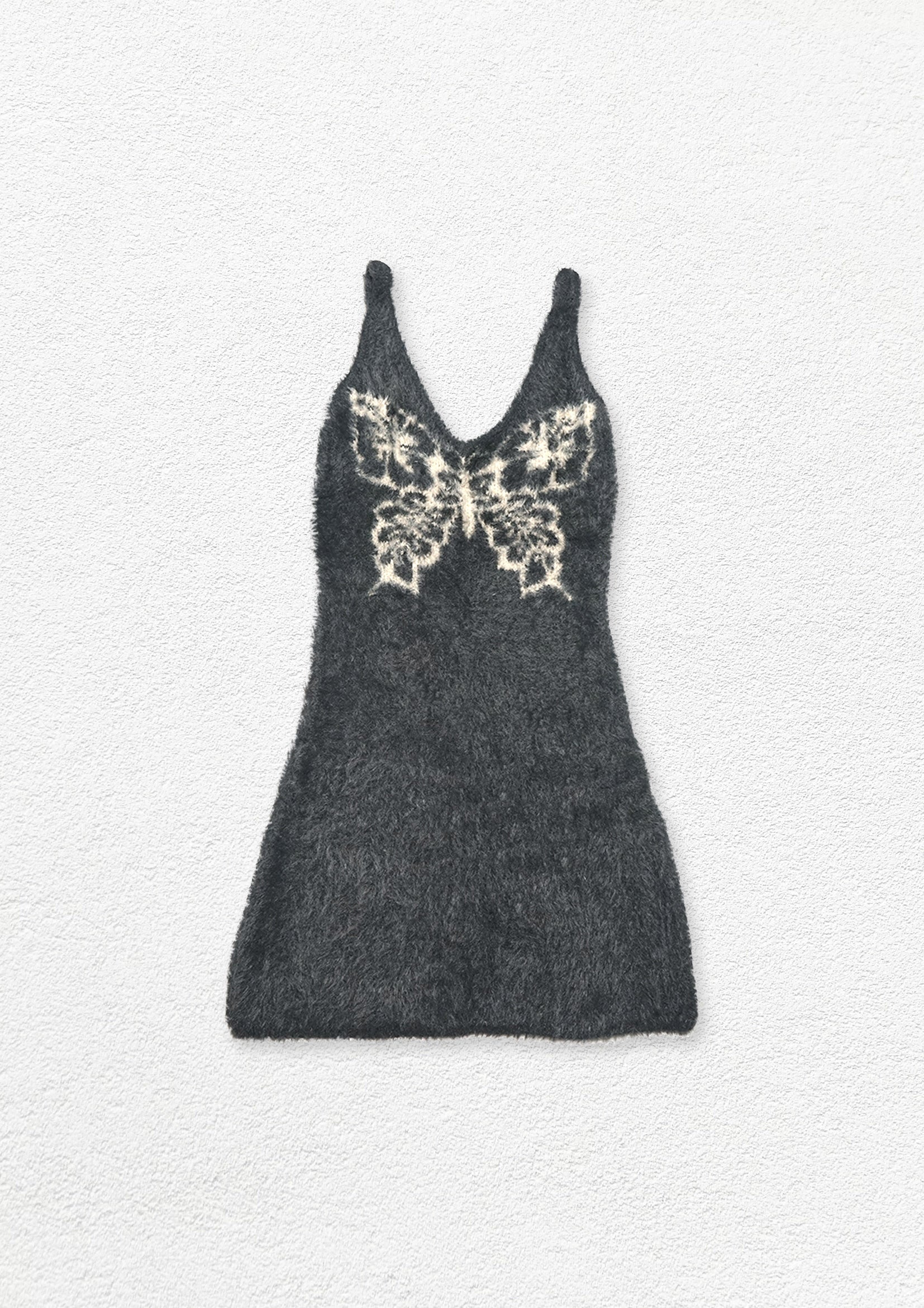 Butterfly fluffy knit sling mini dress