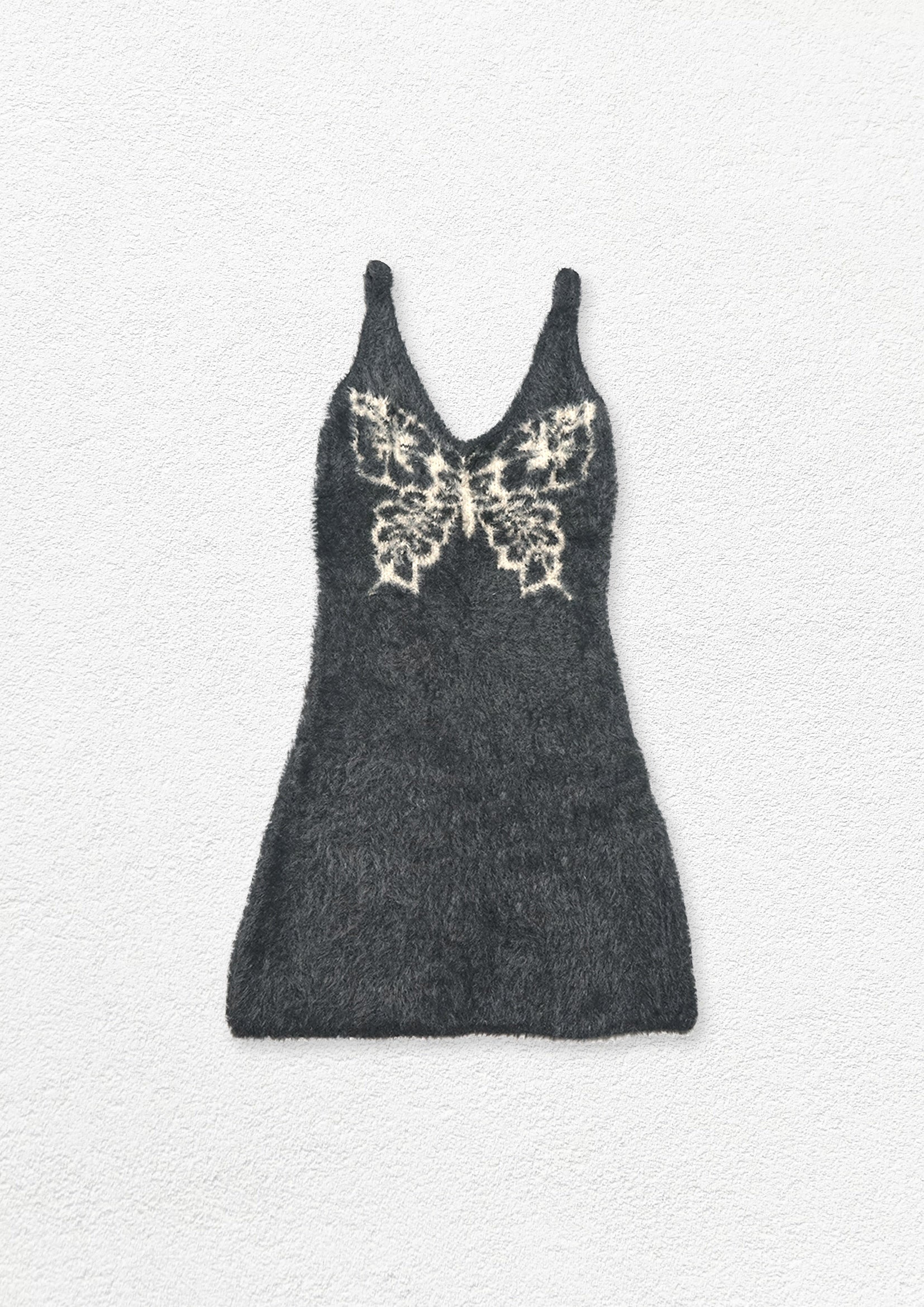 Butterfly fluffy knit sling mini dress - charcoal