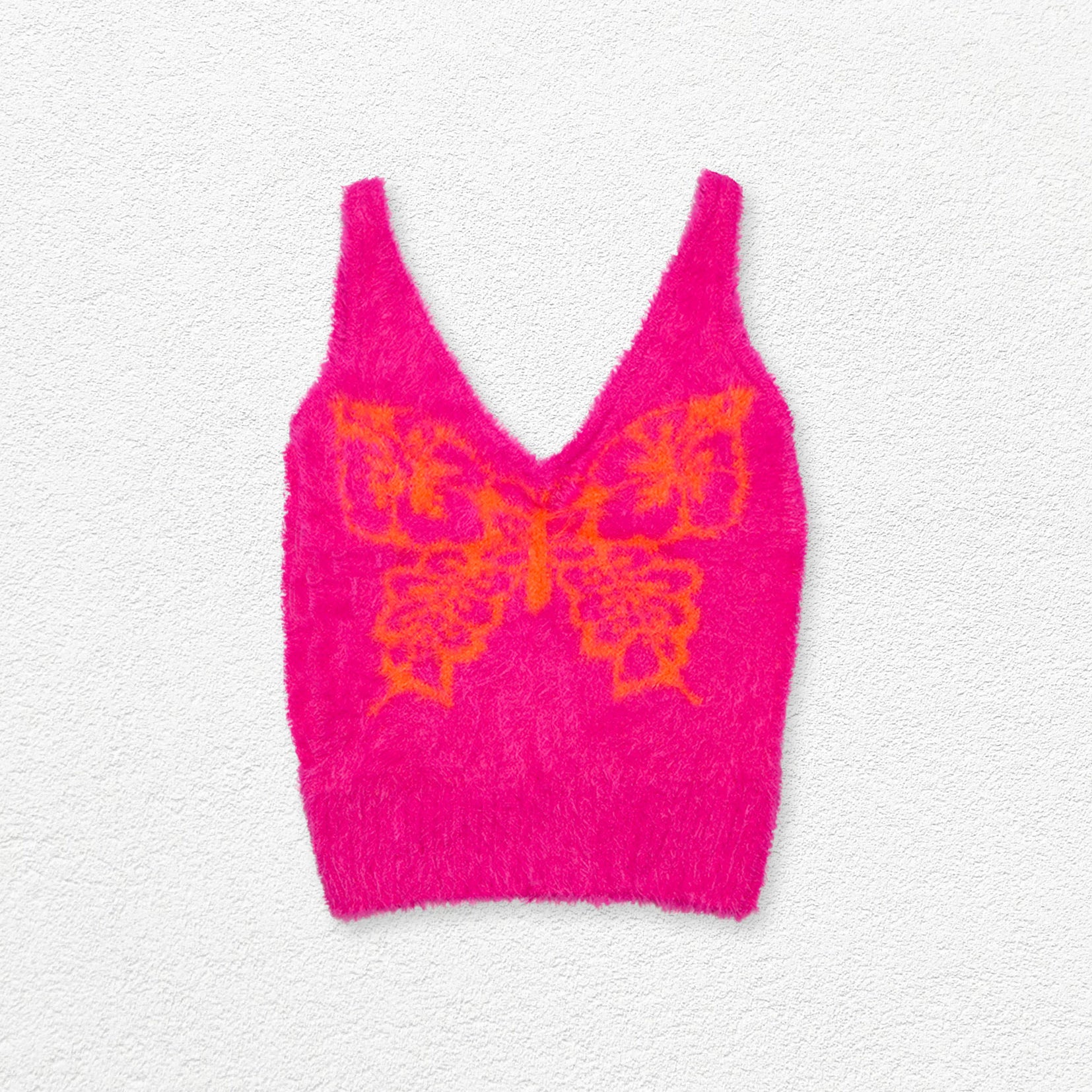 Butterfly fluffy knit sling crop top - hot pink