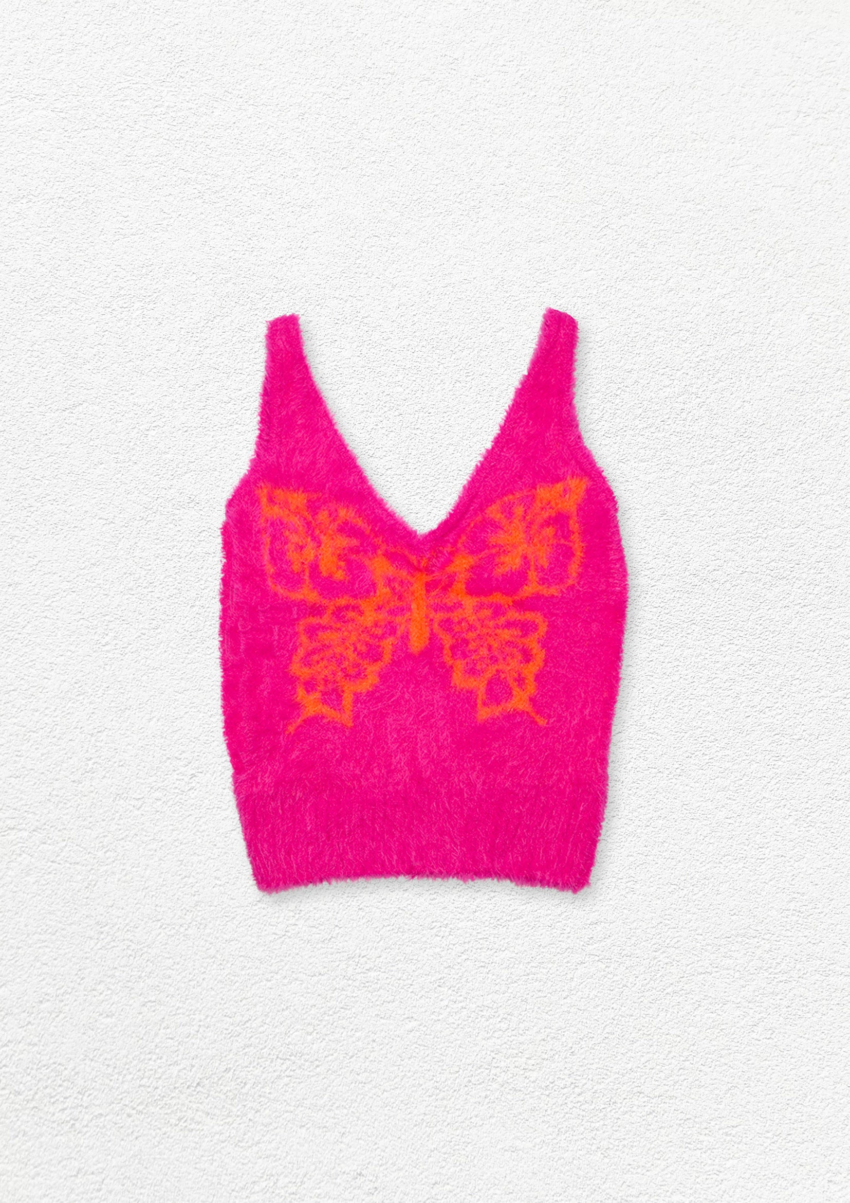 Butterfly fluffy knit sling crop top - hot pink