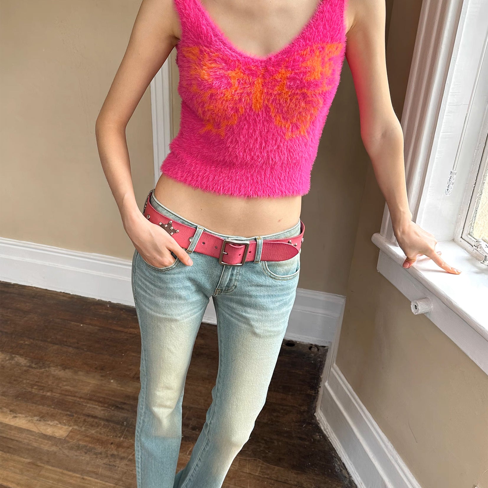 Butterfly fluffy knit sling crop top - hot pink