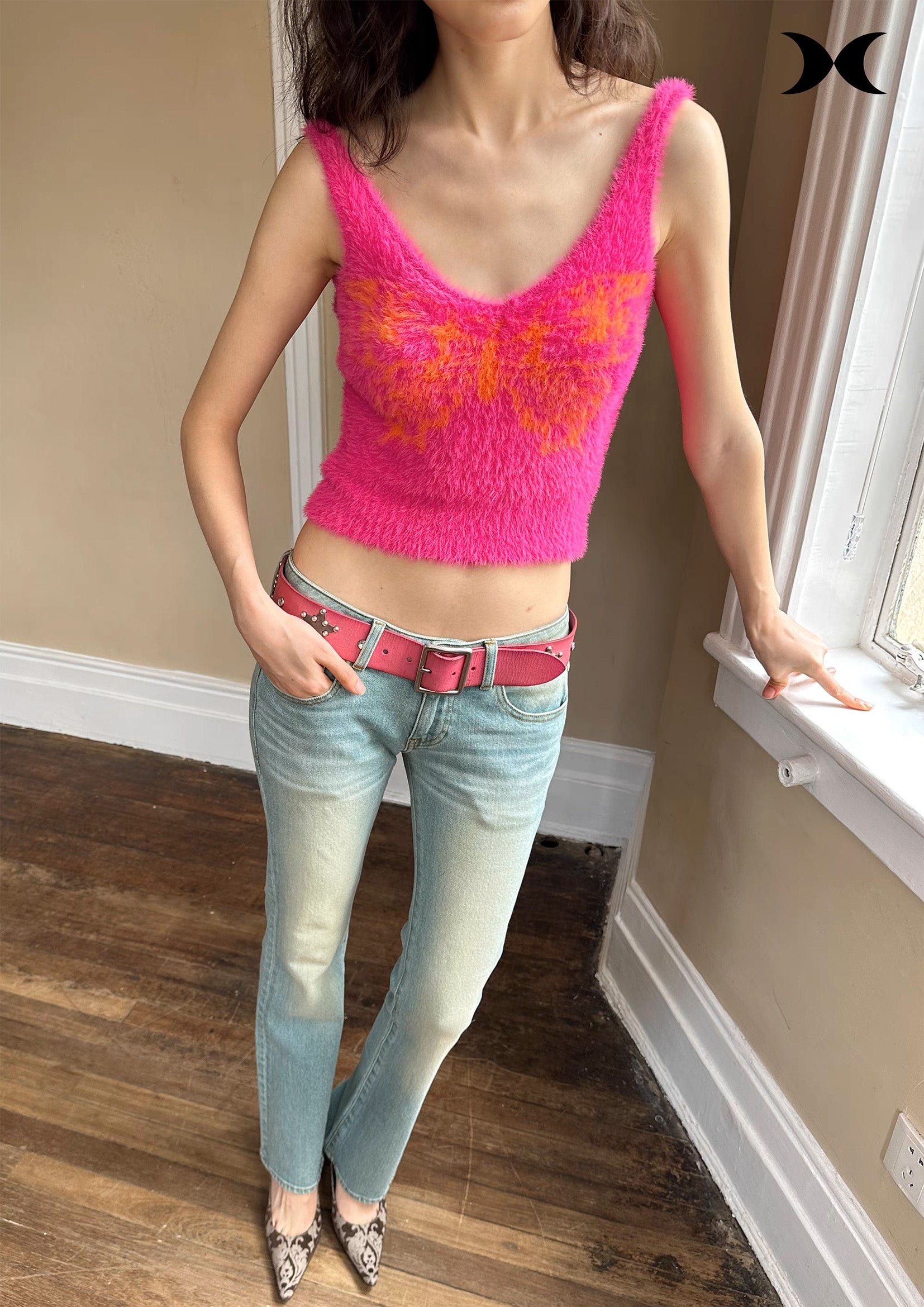Butterfly fluffy knit sling crop top - hot pink