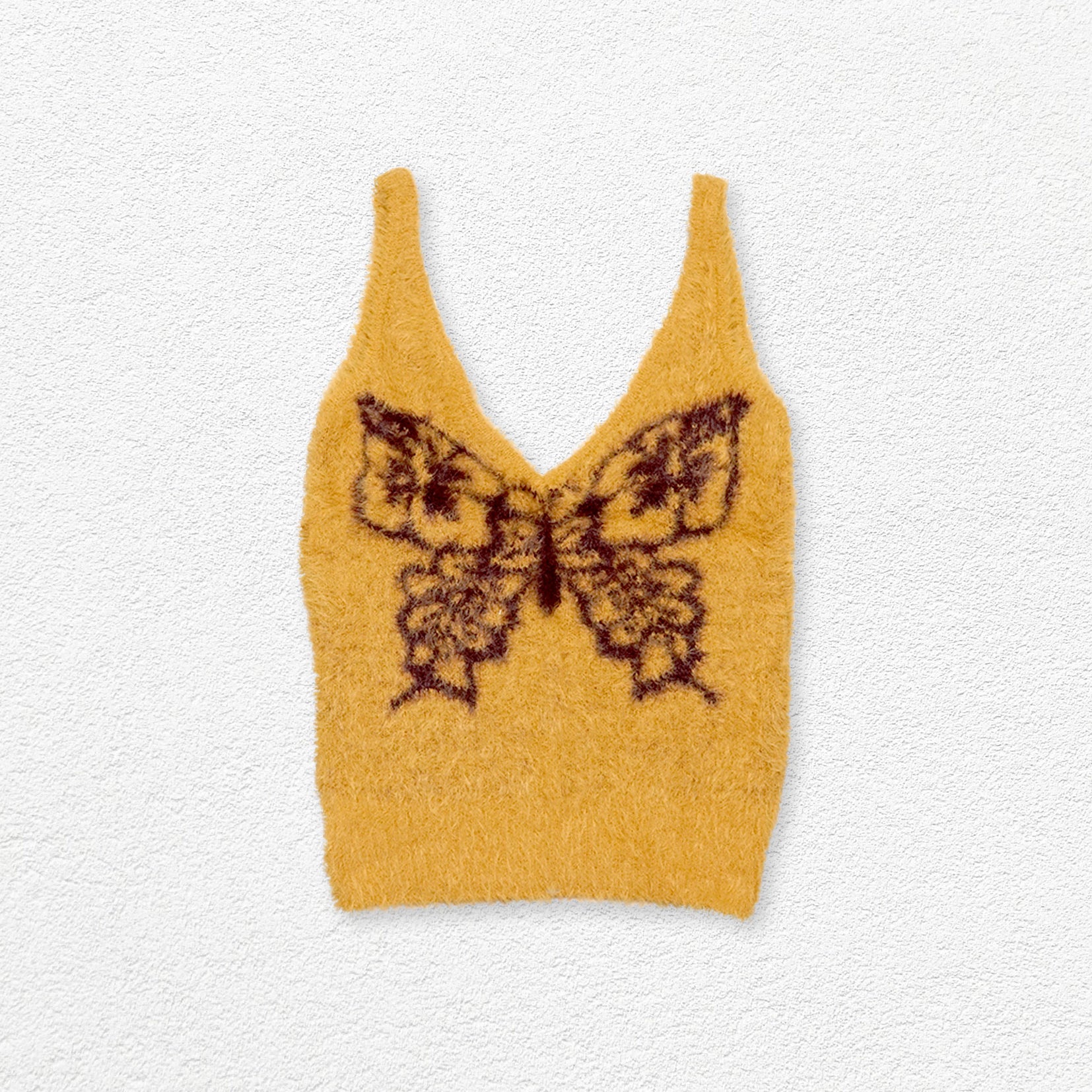 Butterfly fluffy knit sling crop top - amber