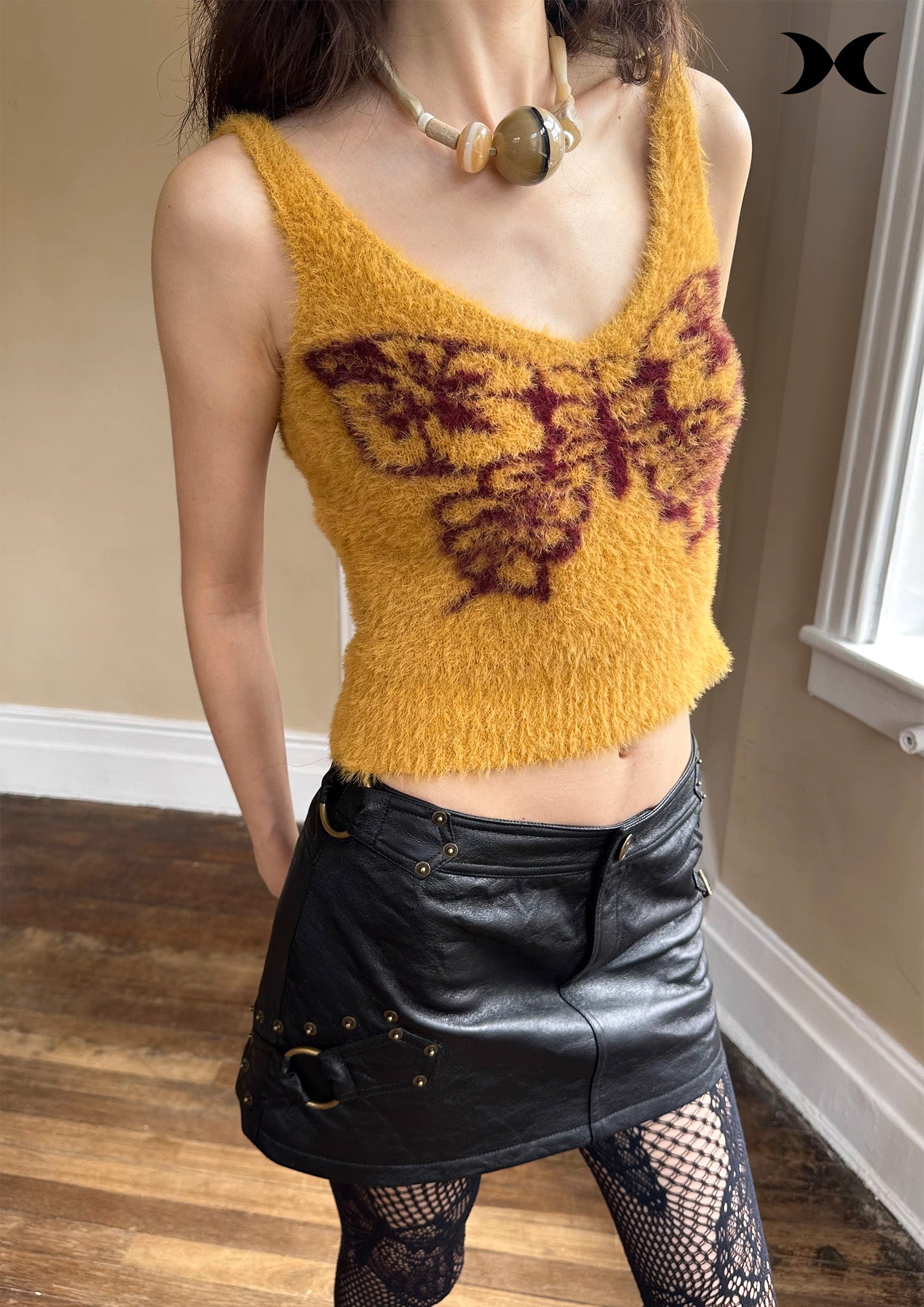 Butterfly fluffy knit sling crop top - amber