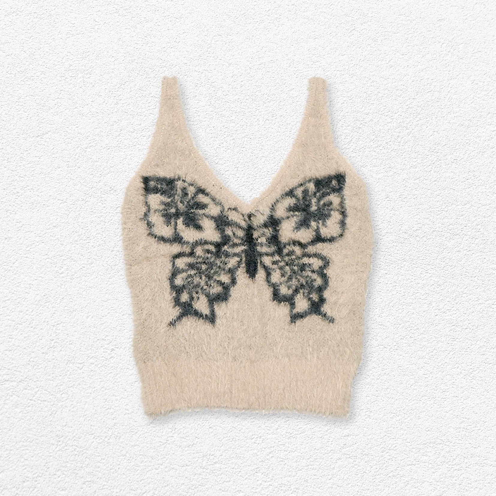 Butterfly fluffy knit sling crop top - beige