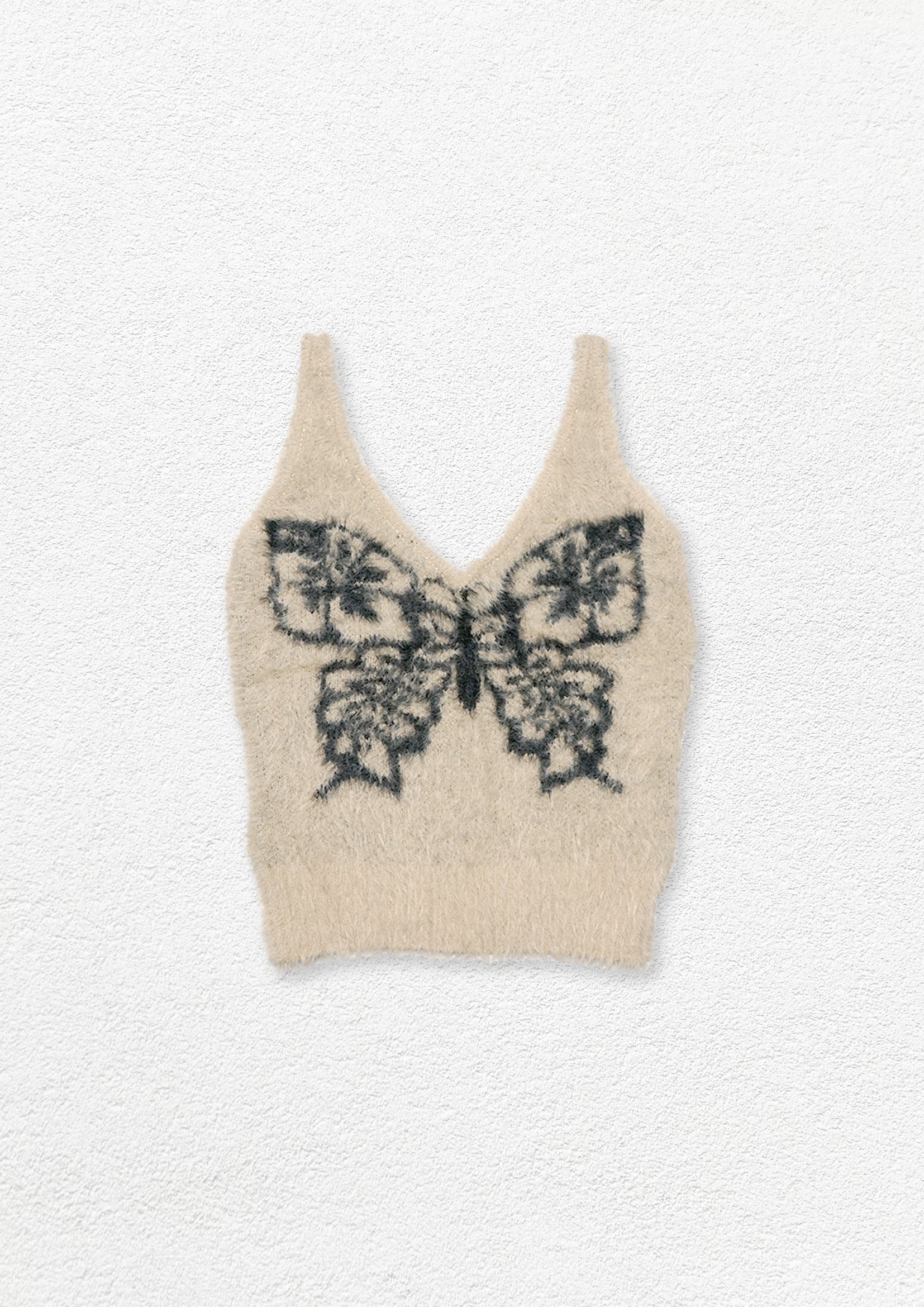 Butterfly fluffy knit sling crop top - beige