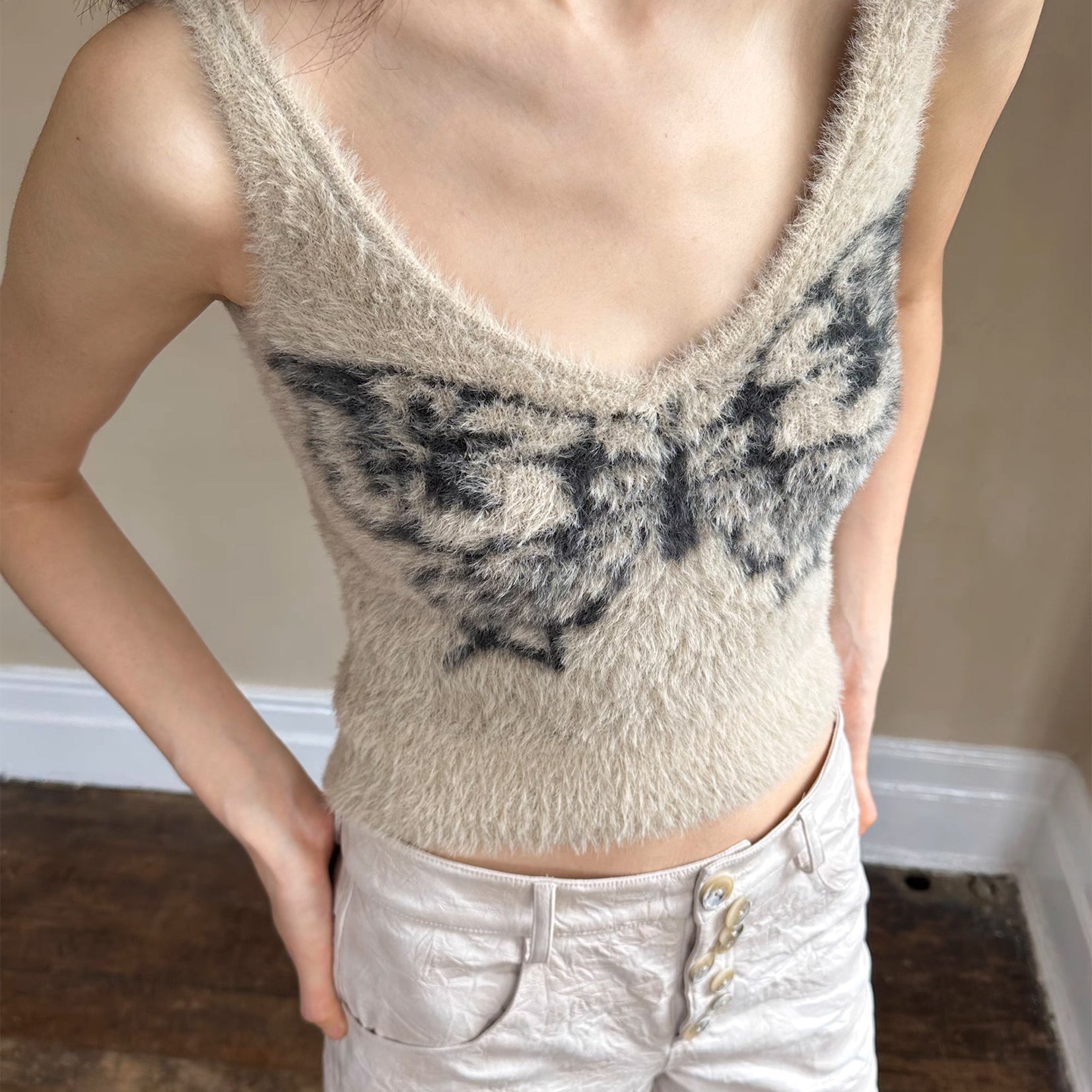 Butterfly fluffy knit sling crop top - beige
