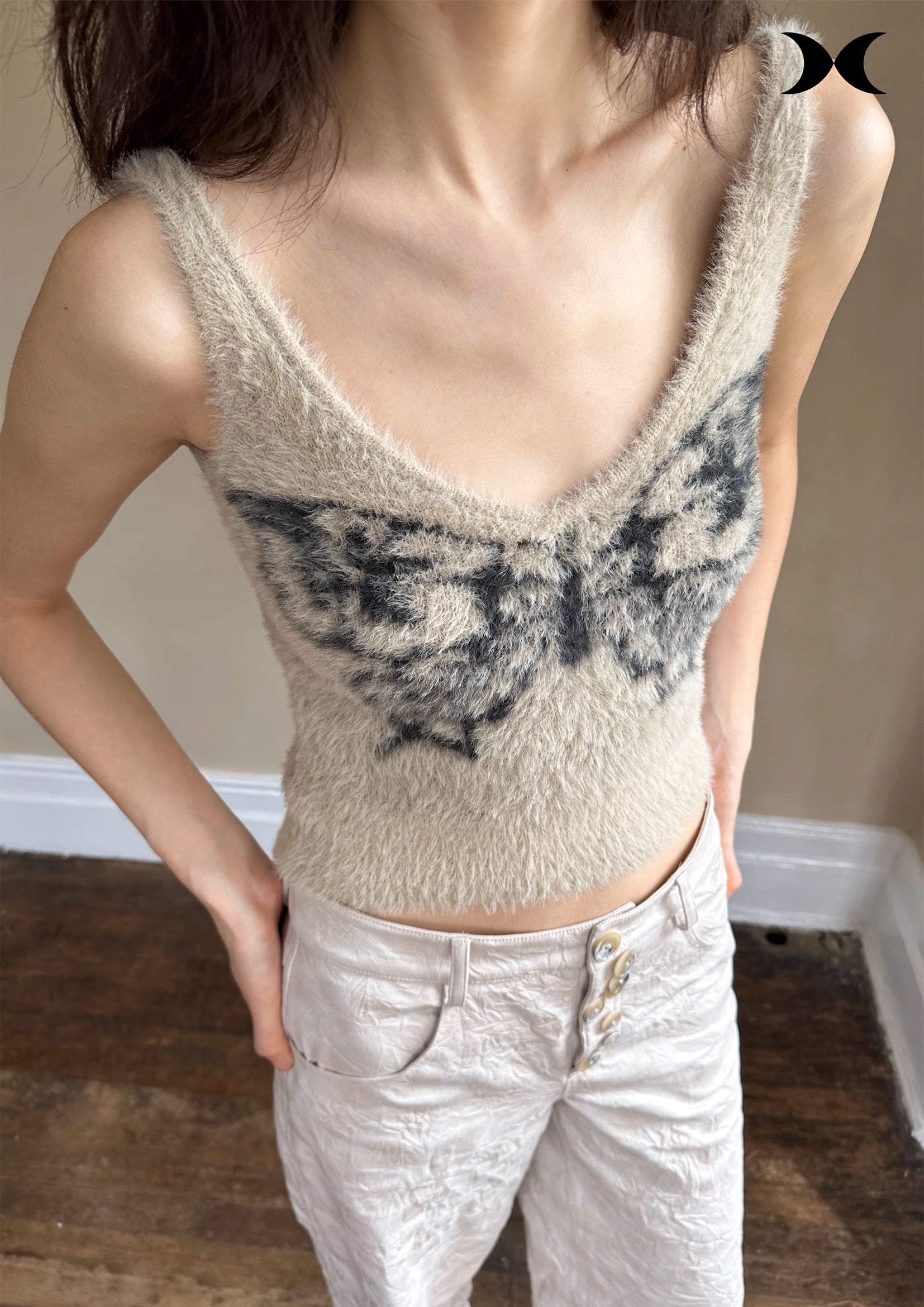 Butterfly fluffy knit sling crop top - beige