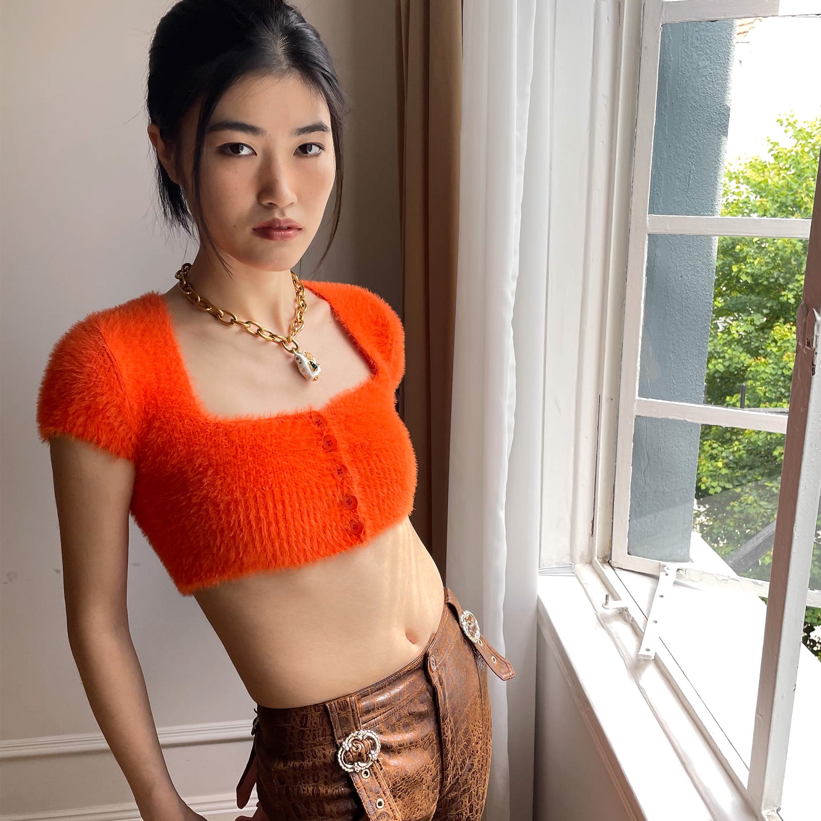 Fluffy knit crop cardigan - orange
