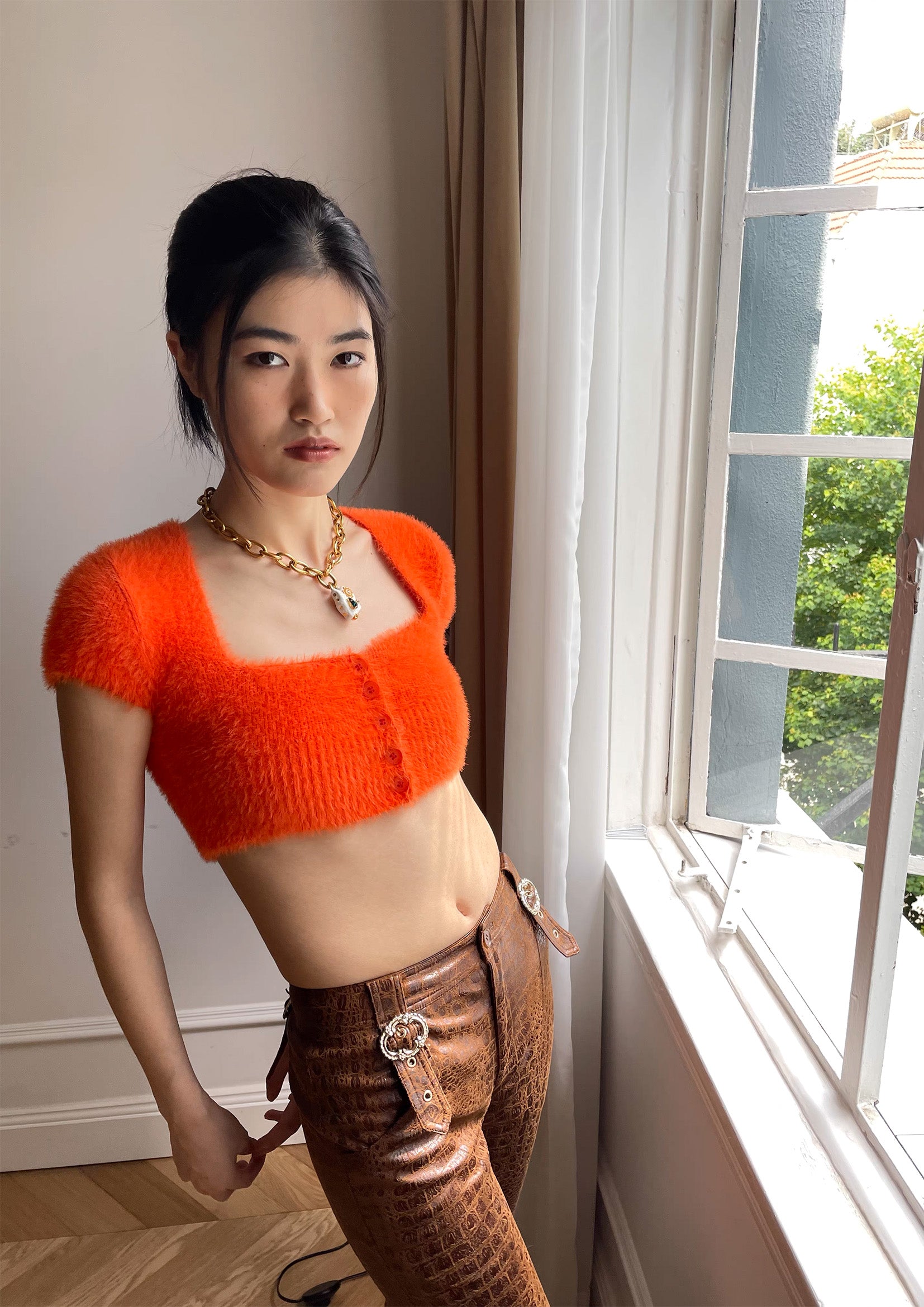 Fluffy knit crop cardigan - orange