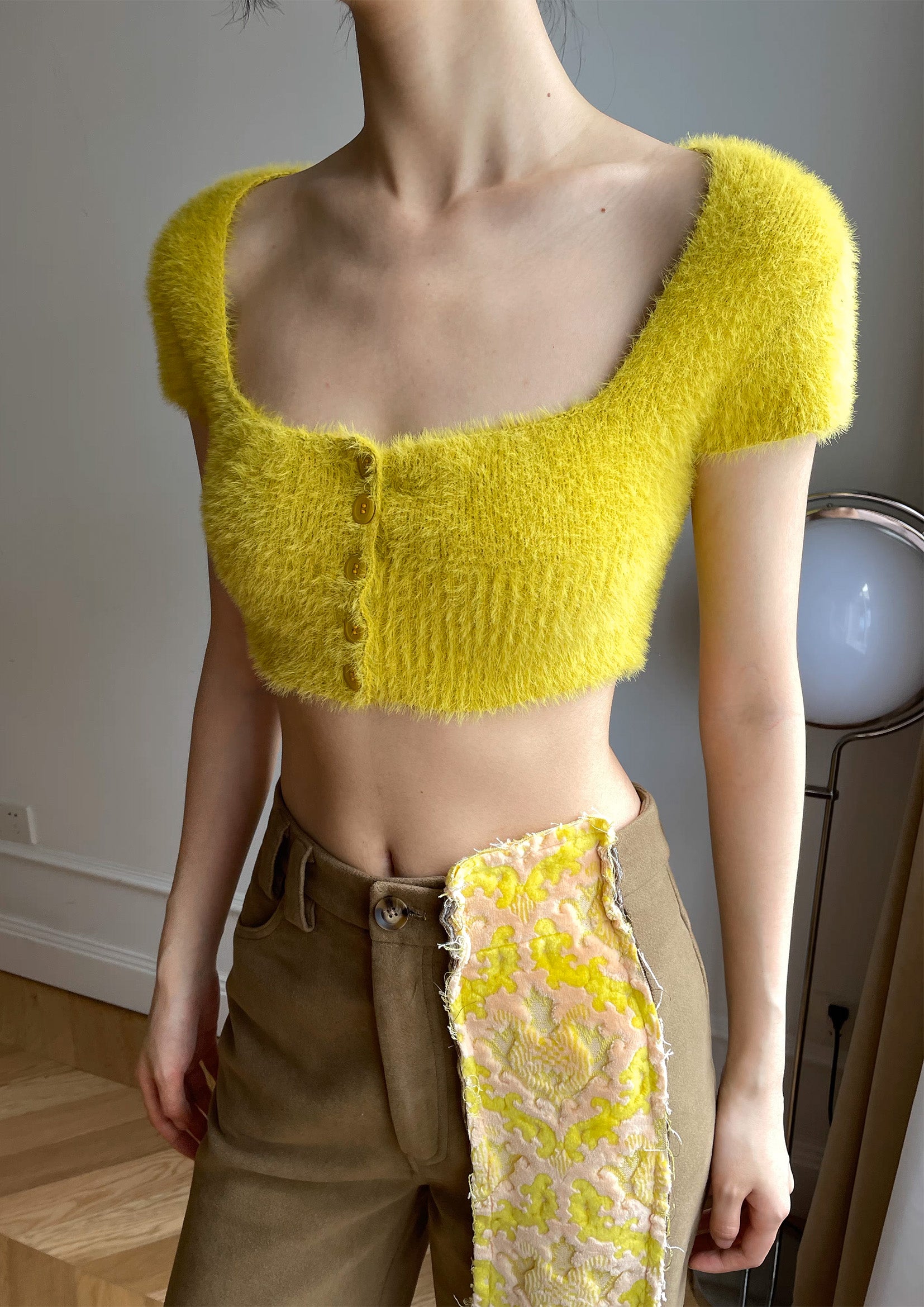 Fluffy knit crop cardigan - yellow