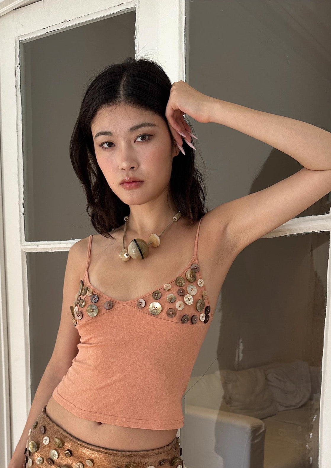 Shell buttons sling crop top - coral