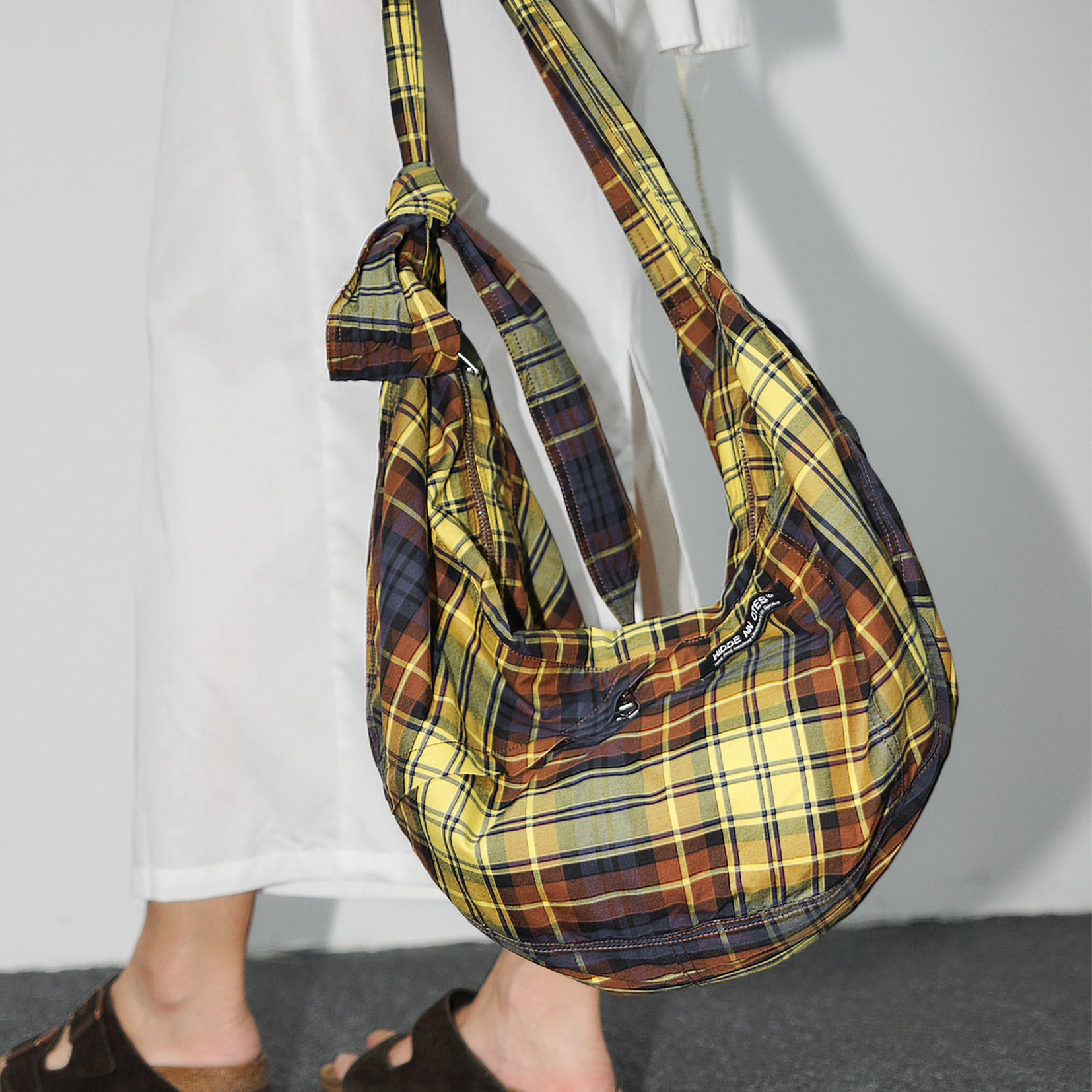 Unisex shoulder/crossbody large dumpling bag - yellow plaid