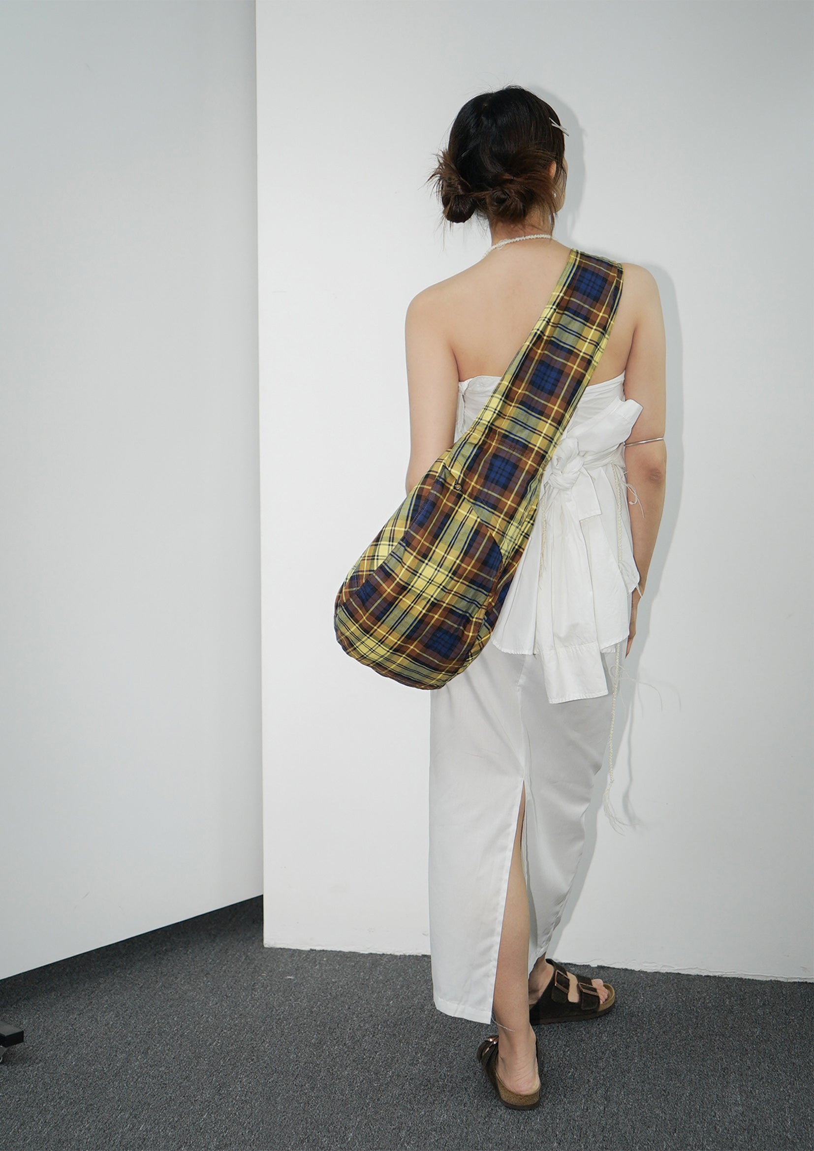 Unisex shoulder/crossbody large dumpling bag - yellow plaid