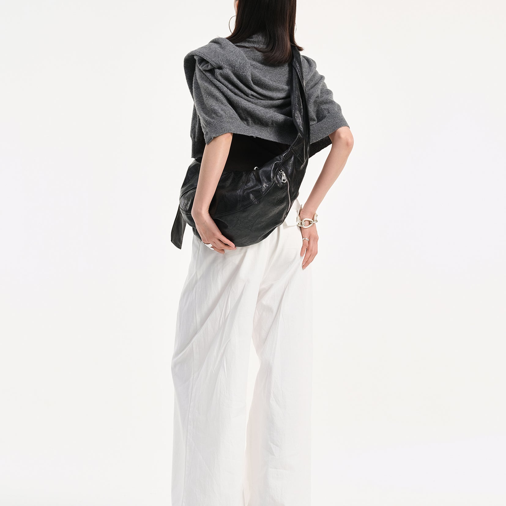 Vegan leather medium dumpling bag - black