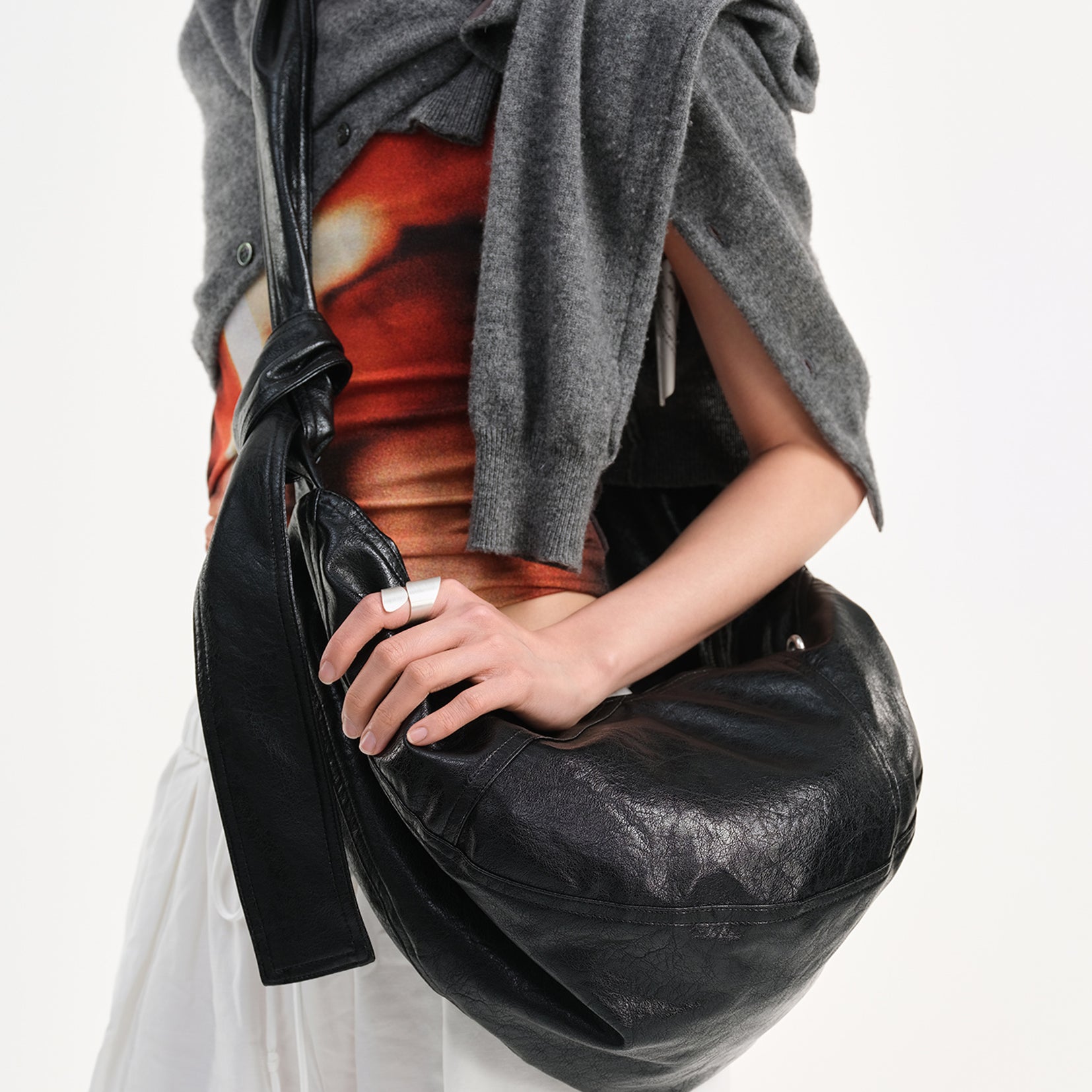 Vegan leather medium dumpling bag - black