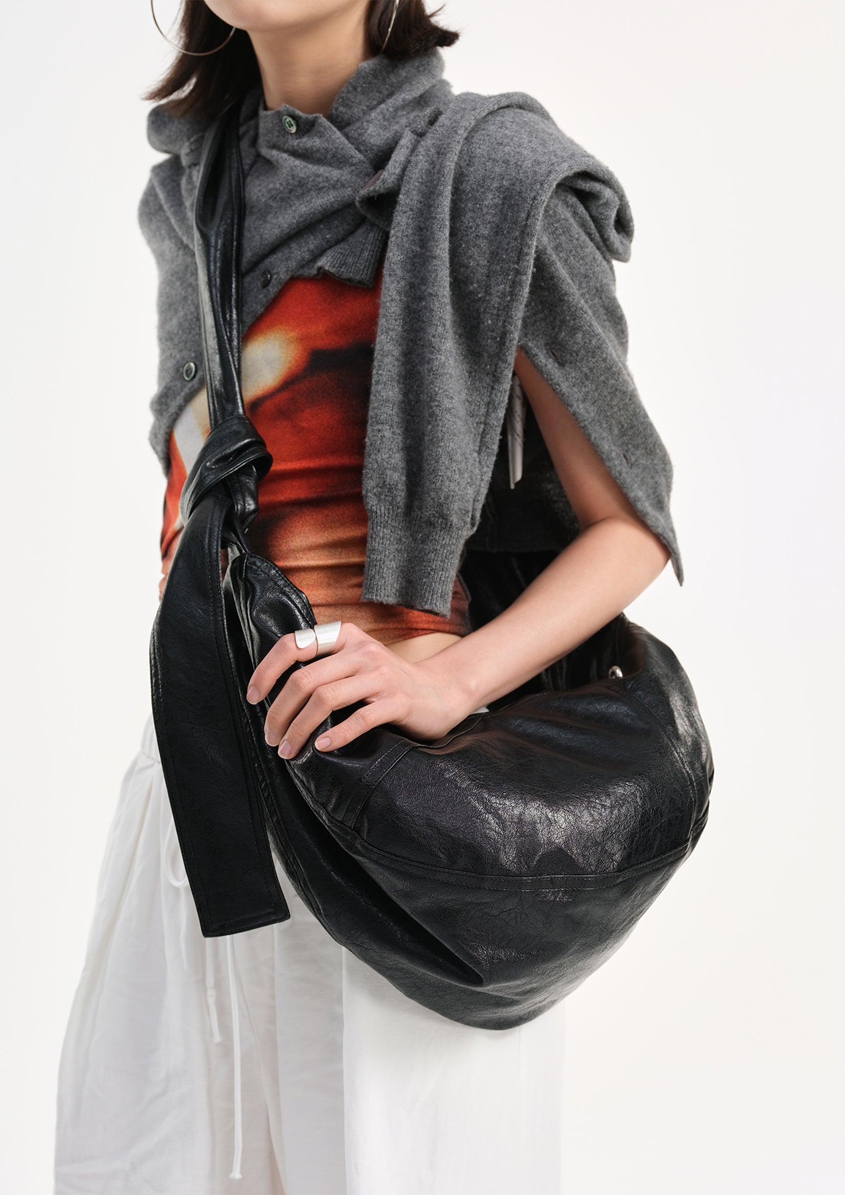 Vegan leather medium dumpling bag - black